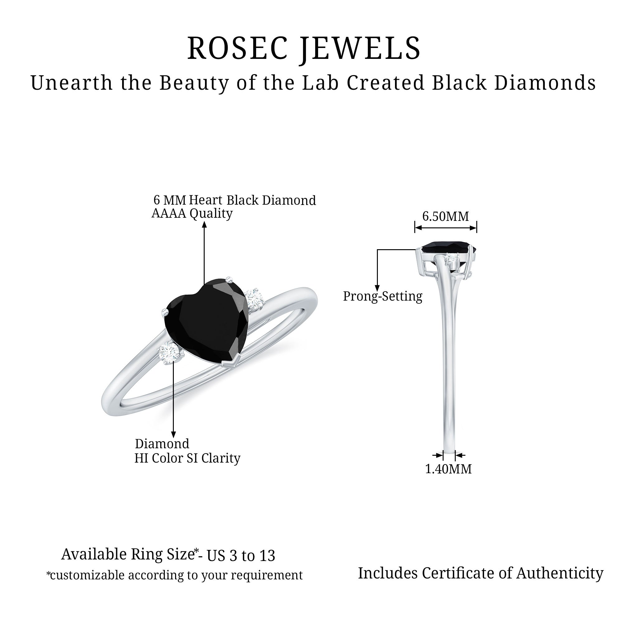 Heart Shape Solitaire Promise Ring with Lab Grown Black Diamond Lab Created Black Diamond - ( AAAA ) - Quality - Rosec Jewels