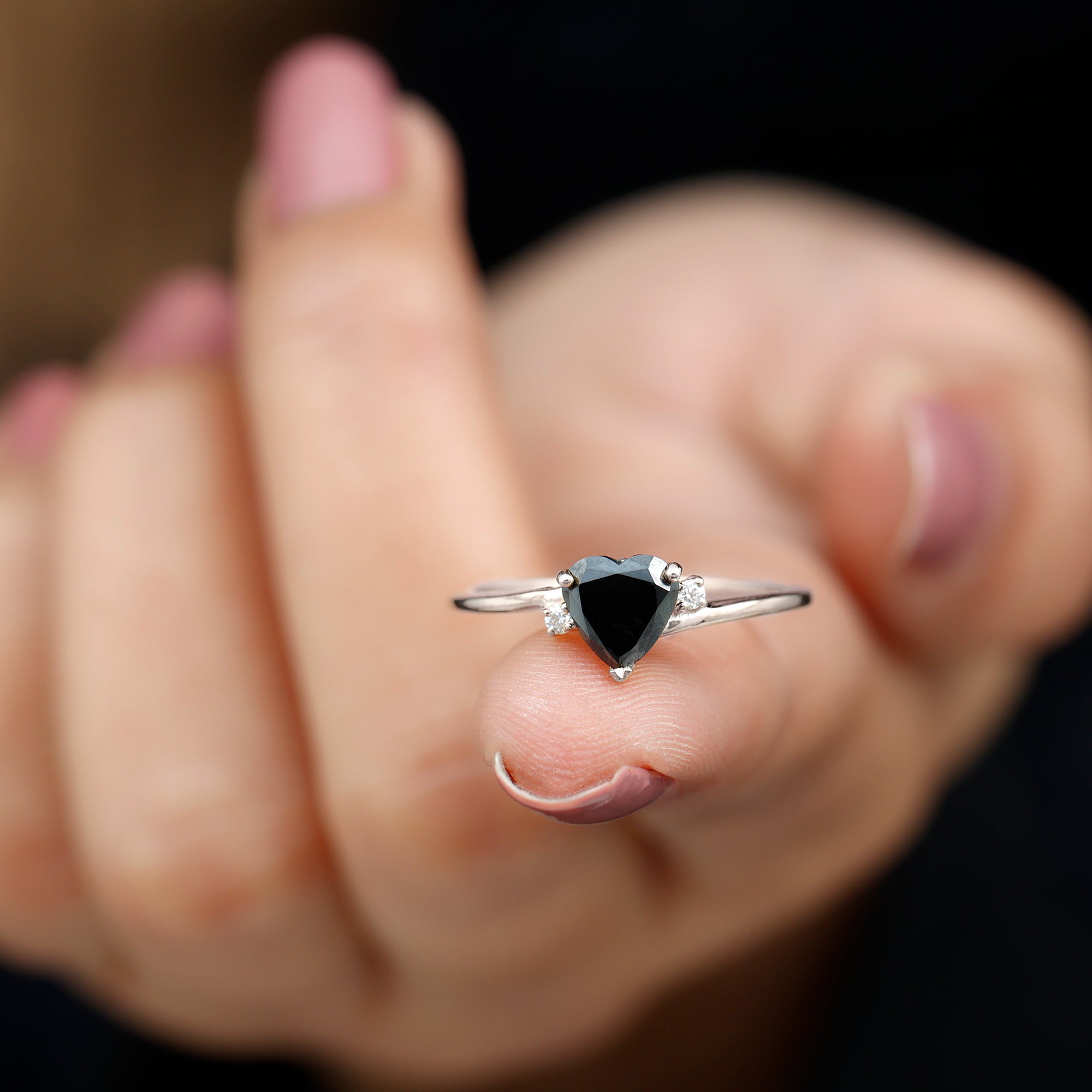 Heart Shape Solitaire Promise Ring with Lab Grown Black Diamond Lab Created Black Diamond - ( AAAA ) - Quality - Rosec Jewels