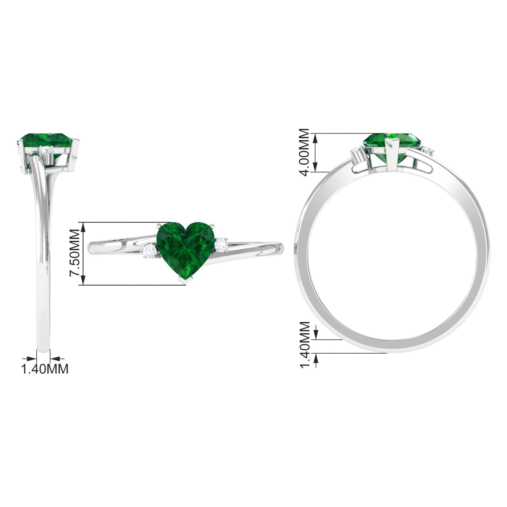 Heart Shape Created Emerald Solitaire Promise Ring with Diamond Lab Created Emerald - ( AAAA ) - Quality - Rosec Jewels