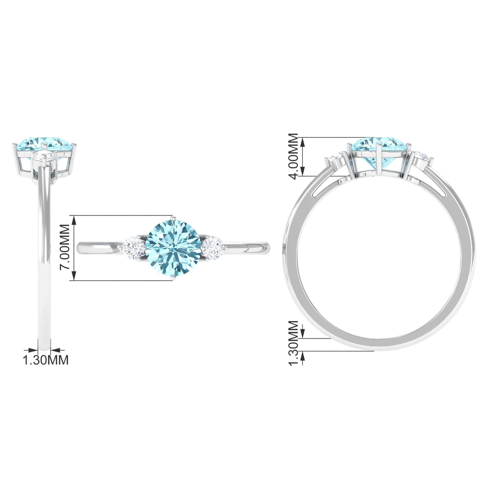 1 CT Aquamarine and Diamond Three Stone Minimal Ring Aquamarine - ( AAA ) - Quality - Rosec Jewels