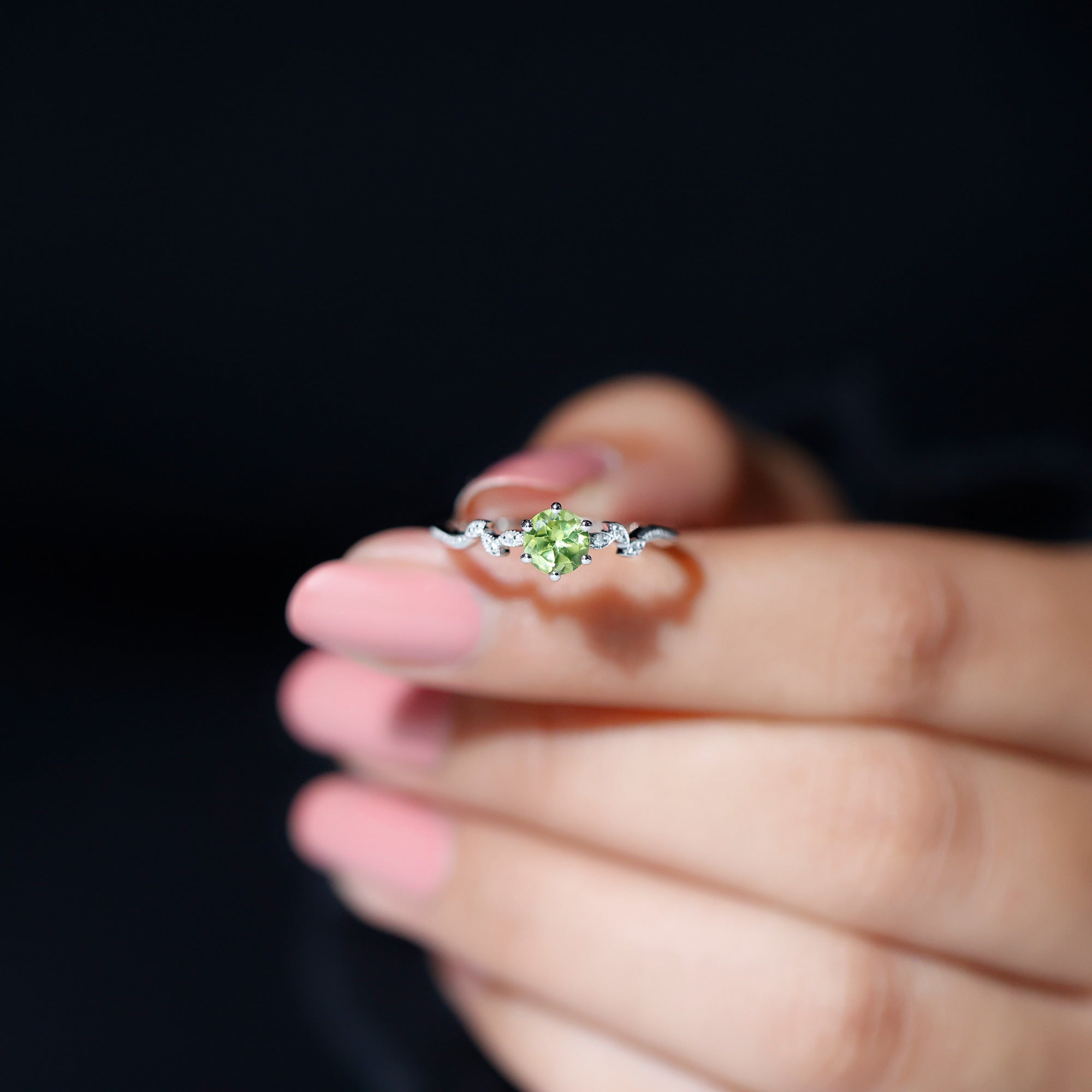 Round Peridot and Diamond Leaf Promise Ring with Beaded Detailing Peridot - ( AAA ) - Quality - Rosec Jewels