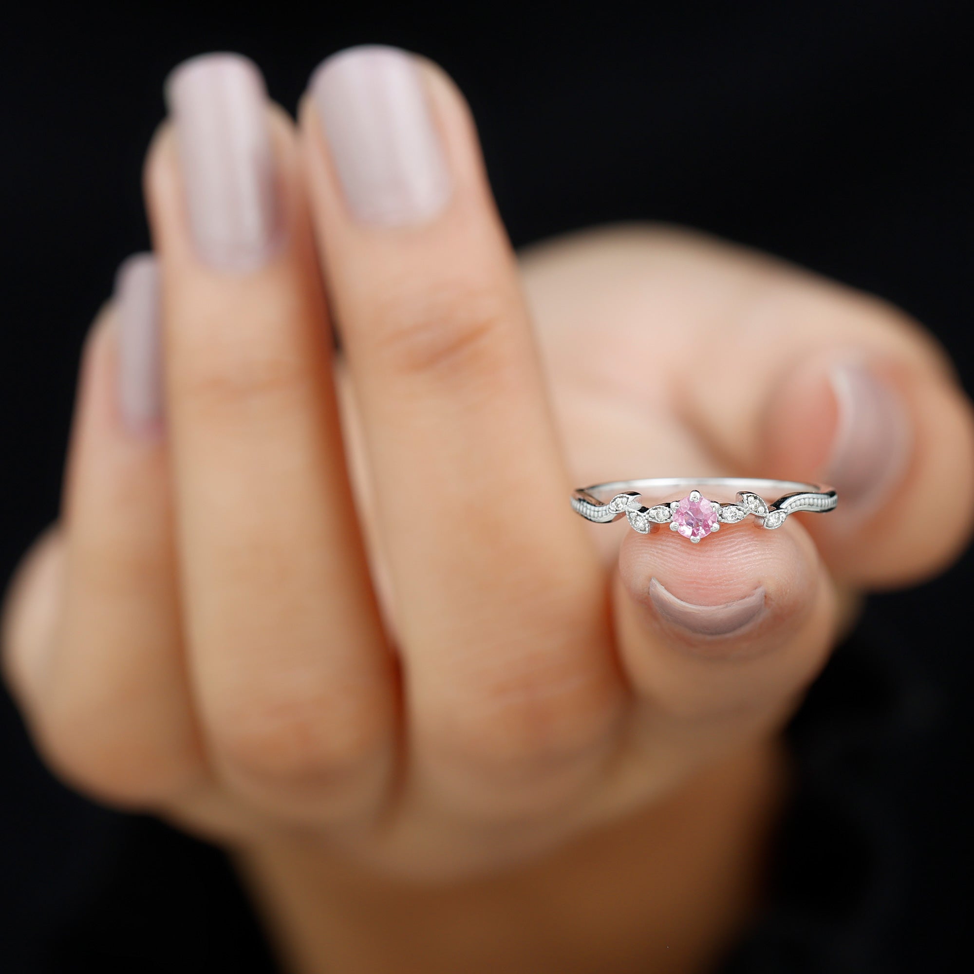 Pink Sapphire and Moissanite Leaf Promise Ring with Beaded Detailing Pink Sapphire - ( AAAA ) - Quality 92.5 Sterling Silver 6.5 - Rosec Jewels