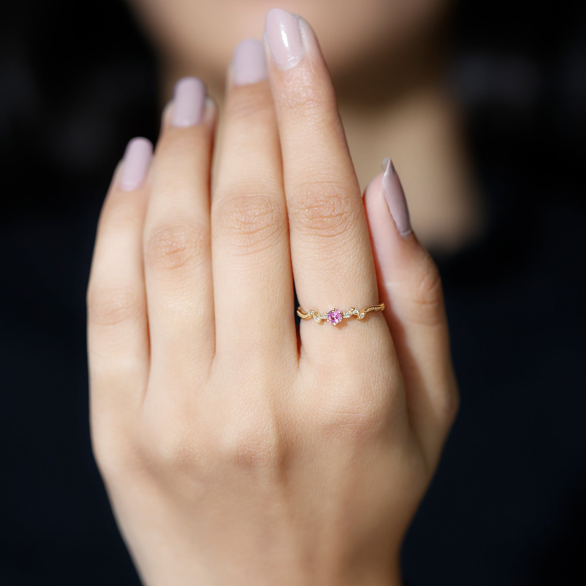 Pink Sapphire and Moissanite Leaf Promise Ring with Beaded Detailing Pink Sapphire - ( AAA ) - Quality - Rosec Jewels