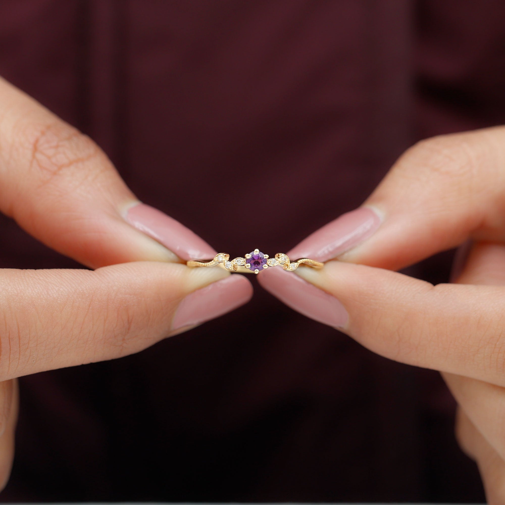 Amethyst and Diamond Leaf Promise Ring with Beaded Detailing Amethyst - ( AAA ) - Quality - Rosec Jewels