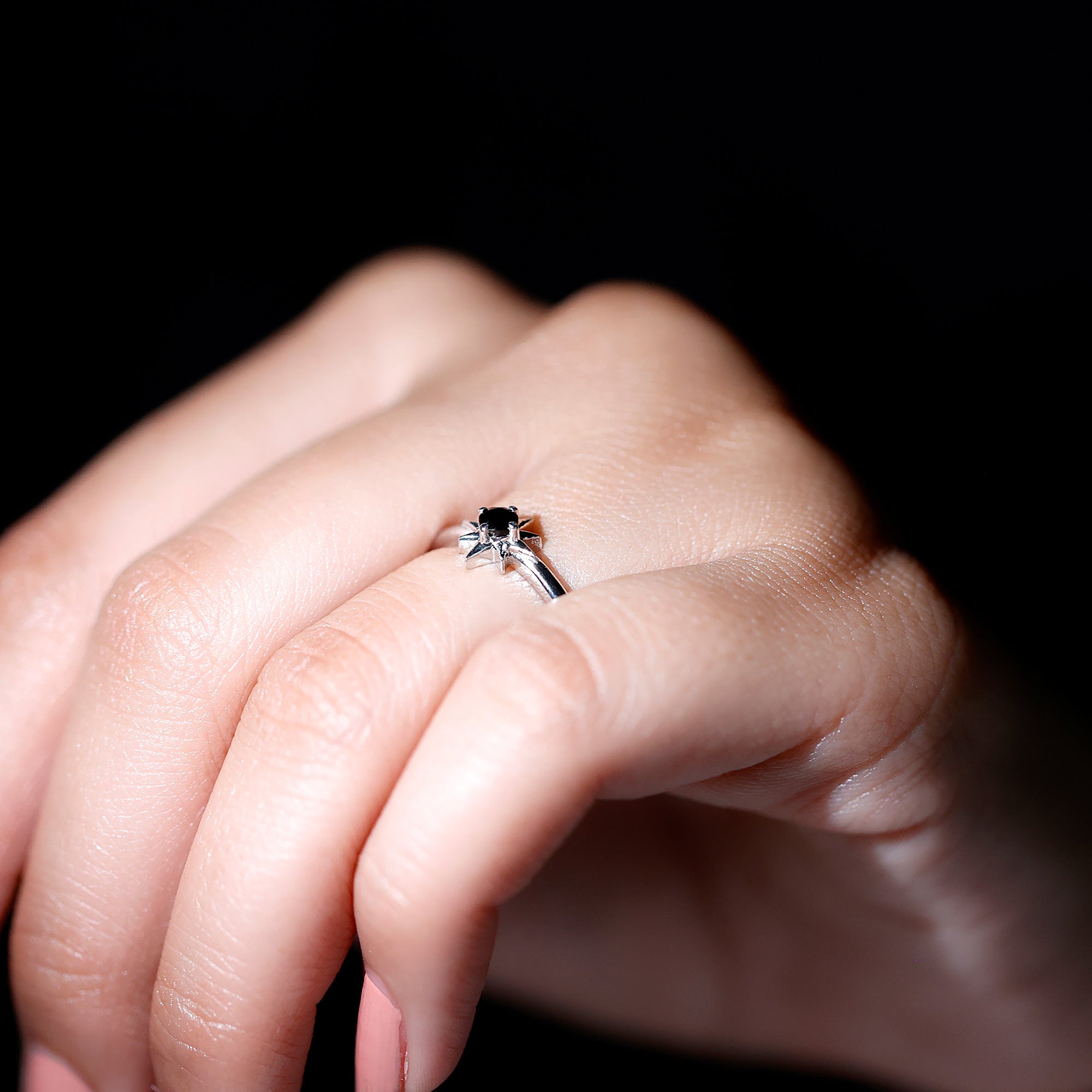 Round Black Spinel Sunburst Promise Ring Black Spinel - ( AAA ) - Quality - Rosec Jewels