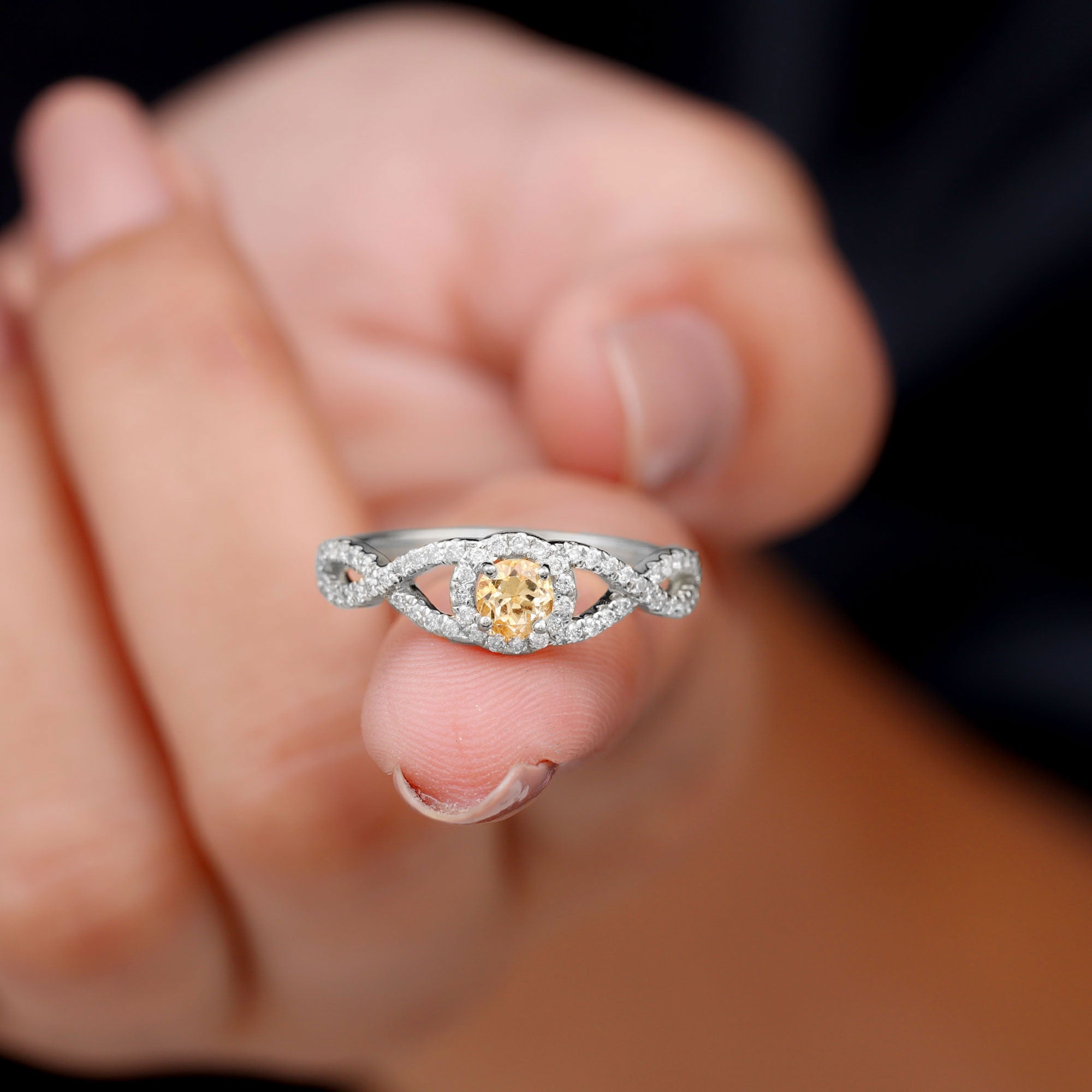 Criss Cross Shank Citrine and Diamond Halo Engagement Ring Citrine - ( AAA ) - Quality - Rosec Jewels