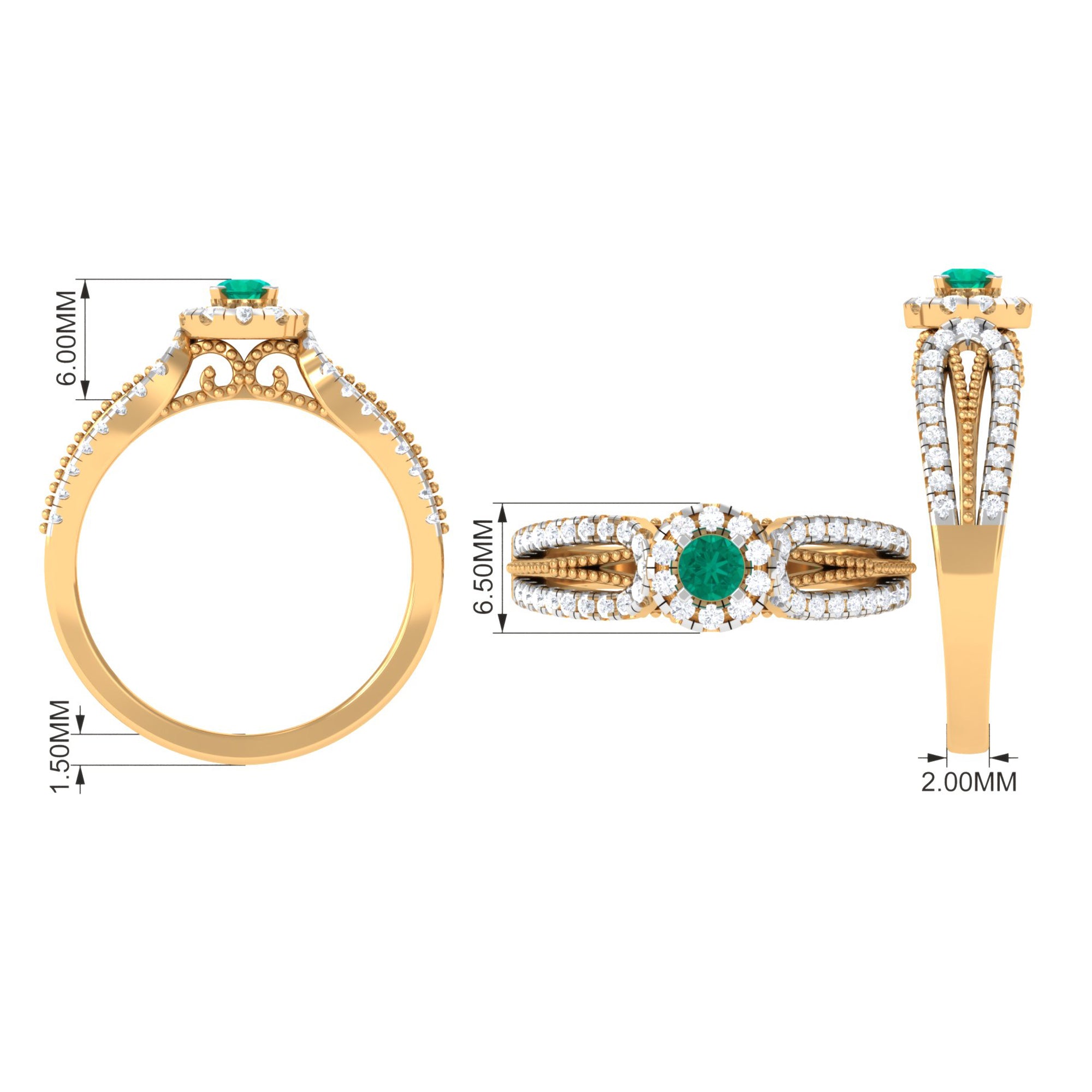 Real Emerald and Diamond Designer Engagement Ring in Split Shank Emerald - ( AAA ) - Quality - Rosec Jewels