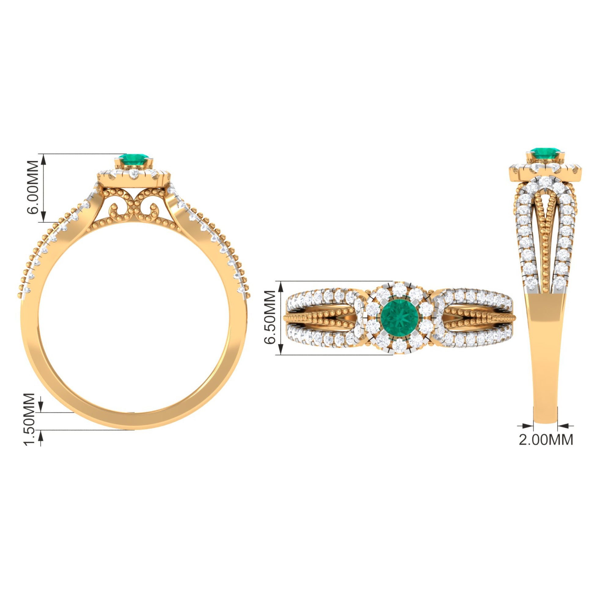 Real Emerald and Diamond Designer Engagement Ring in Split Shank Emerald - ( AAA ) - Quality - Rosec Jewels