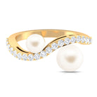 2 Stone Freshwater Pearl Cocktail Ring with Diamond Curved Band Freshwater Pearl - ( AAA ) - Quality - Rosec Jewels