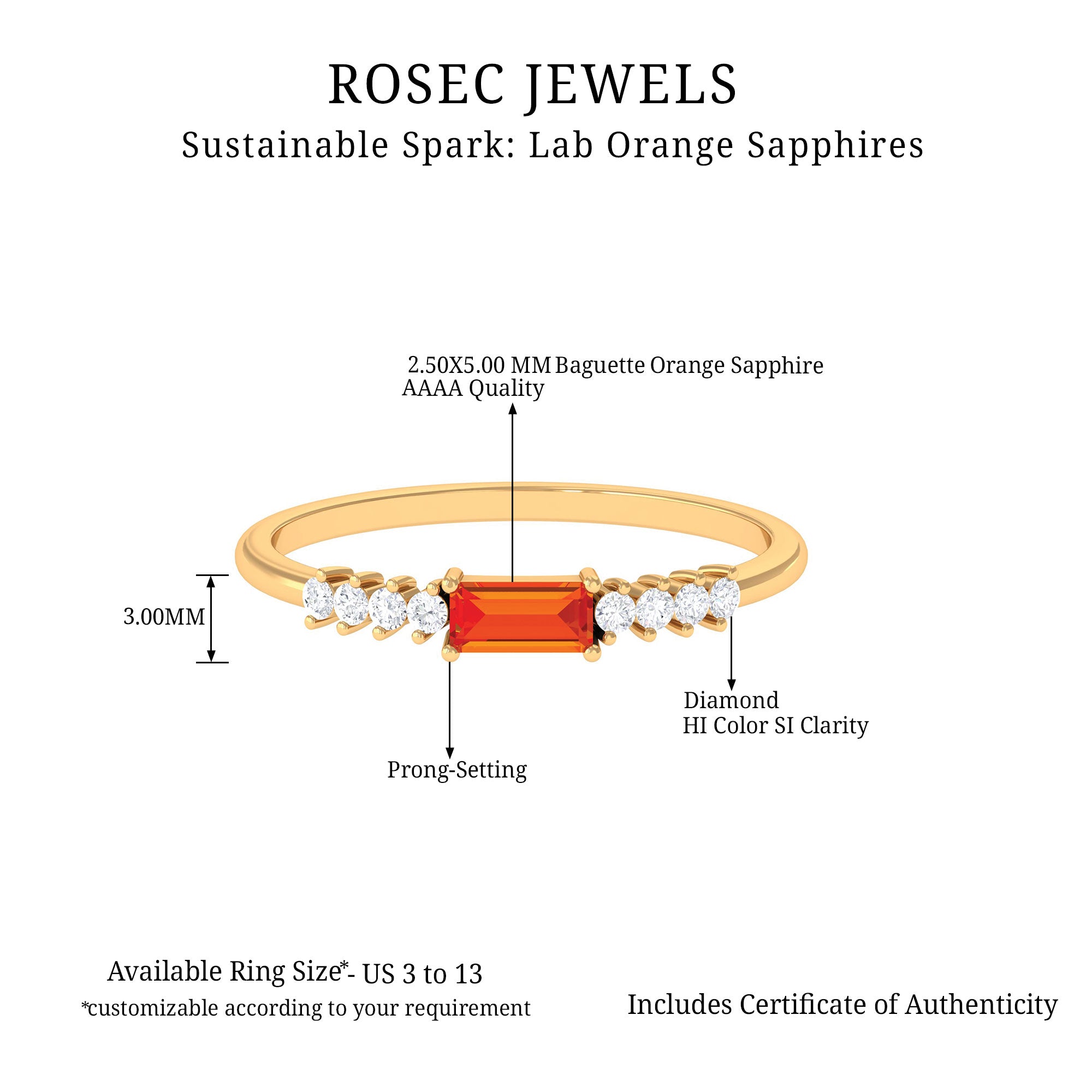 Baguette Cut Lab Grown Orange Sapphire East West Promise Ring with Diamond Lab Created Orange Sapphire - ( AAAA ) - Quality - Rosec Jewels