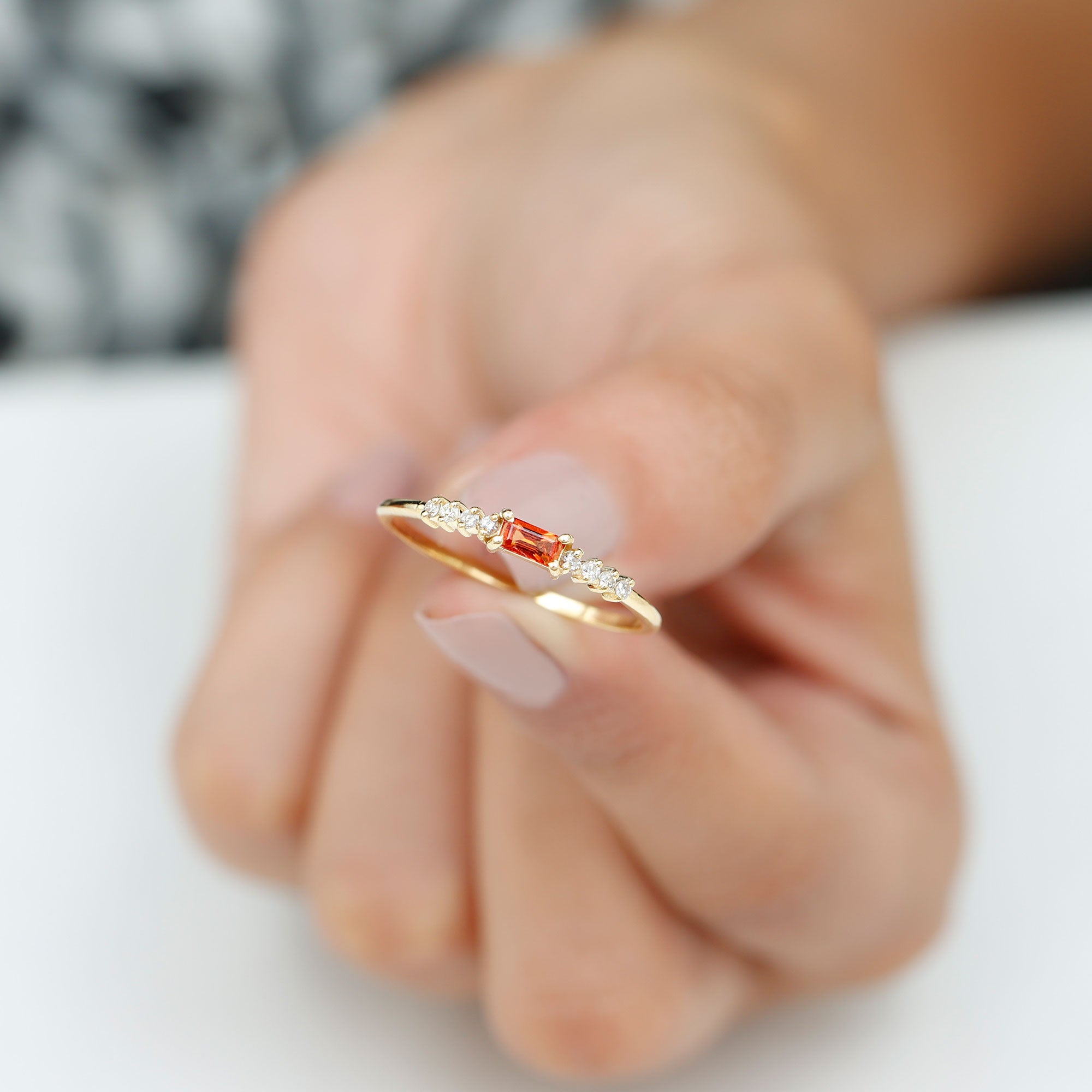 Baguette Cut Lab Grown Orange Sapphire East West Promise Ring with Diamond Lab Created Orange Sapphire - ( AAAA ) - Quality - Rosec Jewels