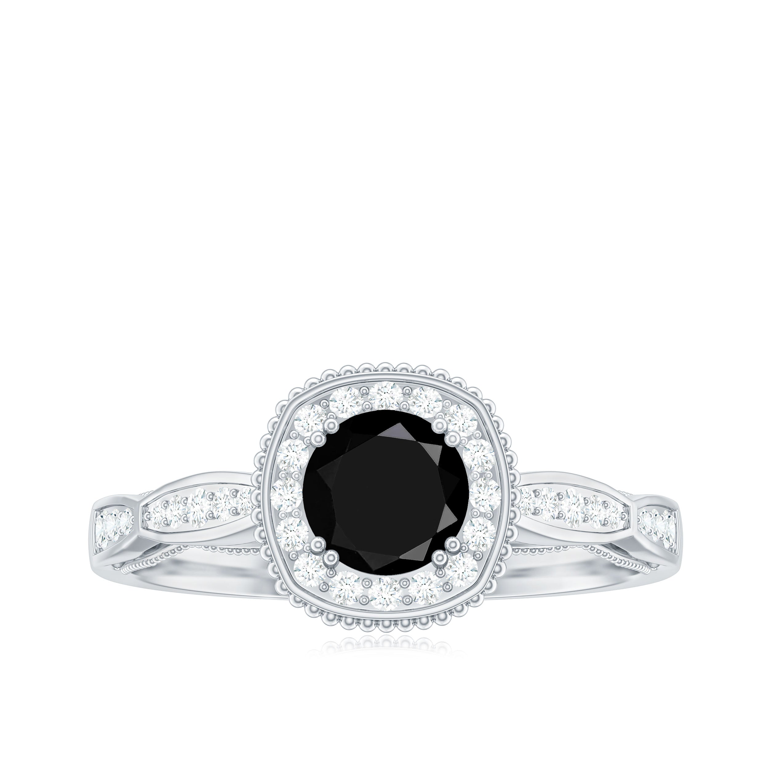 Vintage Inspired Black Onyx Engagement Ring with Diamond Halo Black Onyx - ( AAA ) - Quality - Rosec Jewels