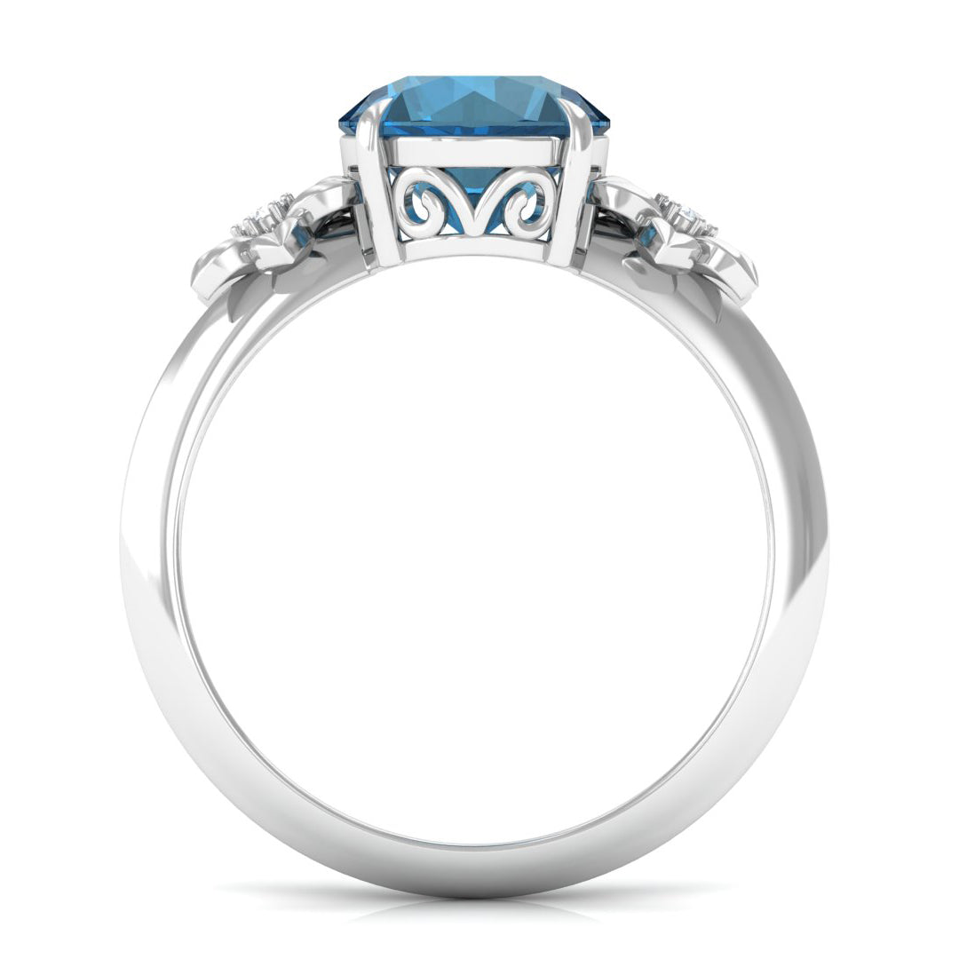 London Blue Topaz Solitaire Flower Engagement Ring with Diamond London Blue Topaz - ( AAA ) - Quality - Rosec Jewels