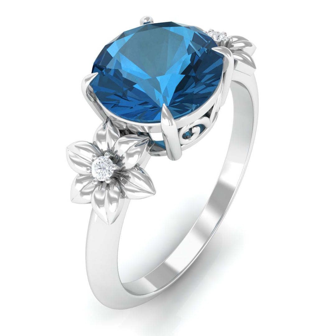 London Blue Topaz Solitaire Flower Engagement Ring with Diamond London Blue Topaz - ( AAA ) - Quality - Rosec Jewels