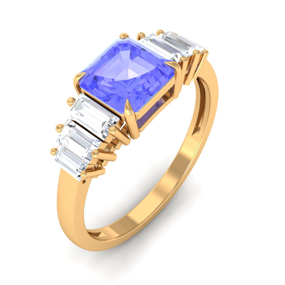 Asscher Cut Tanzanite Designer Engagement Ring with Baguette Moissanite Tanzanite - ( AAA ) - Quality - Rosec Jewels