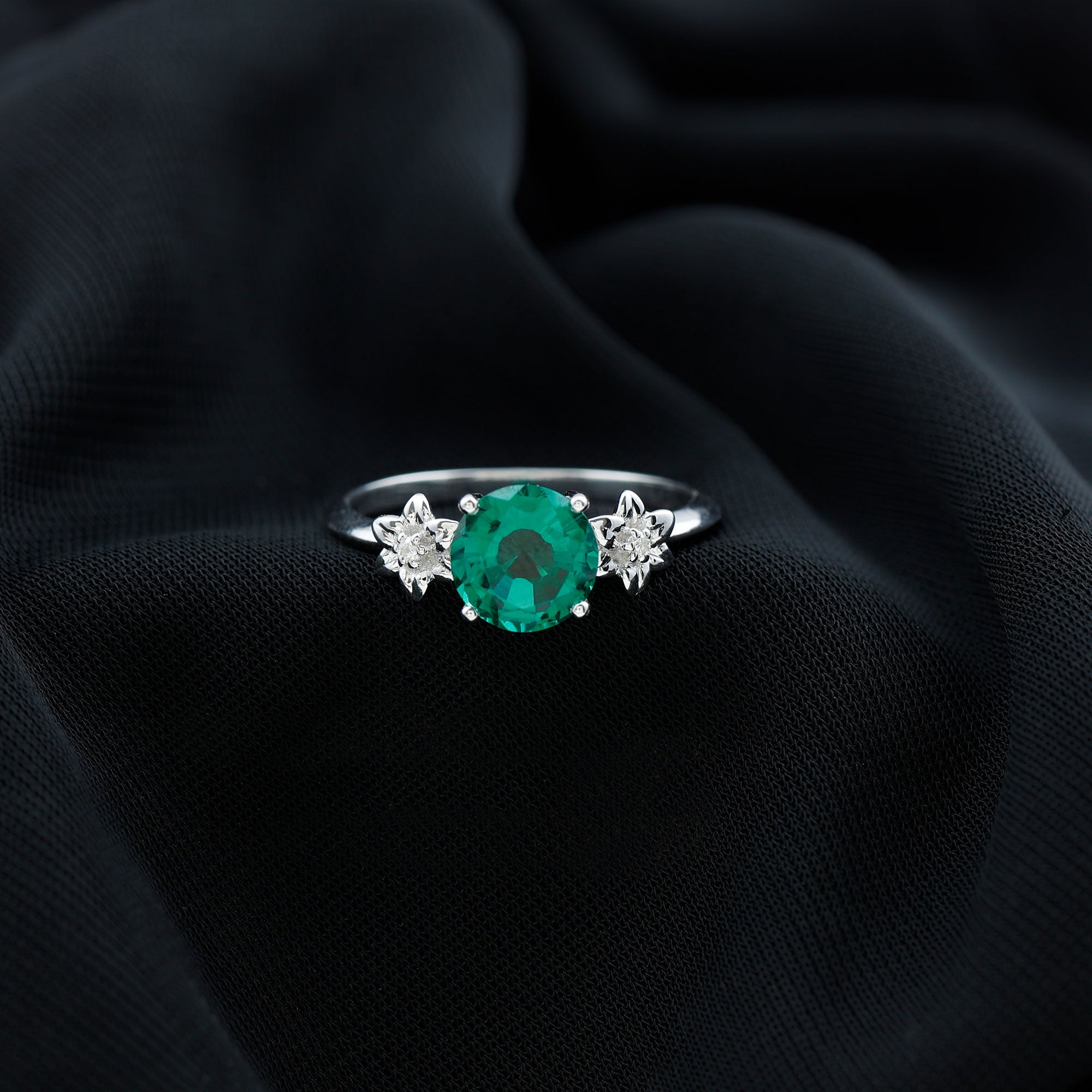 Created Emerald Solitaire Flower Engagement Ring with Diamond Lab Created Emerald - ( AAAA ) - Quality - Rosec Jewels