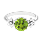 Round Peridot Solitaire Flower Engagement Ring with Diamond Peridot - ( AAA ) - Quality - Rosec Jewels