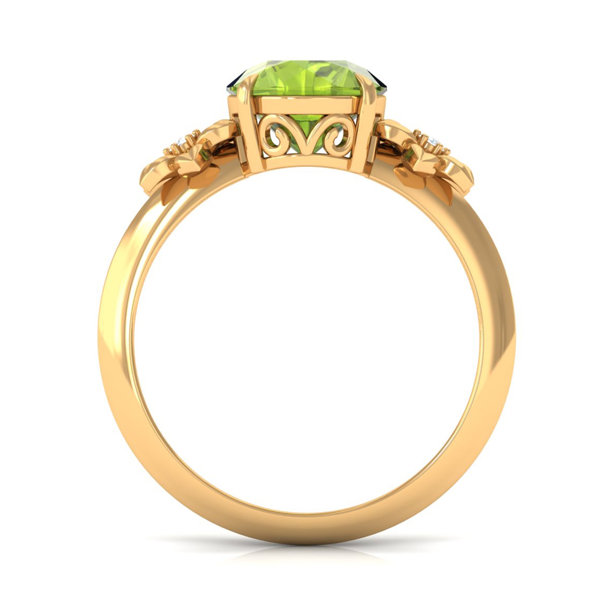 Round Peridot Solitaire Flower Engagement Ring with Diamond Peridot - ( AAA ) - Quality - Rosec Jewels