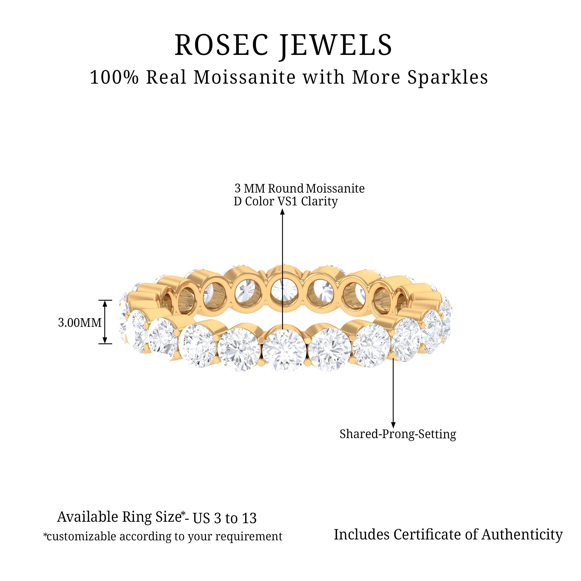 Round Certified Moissanite Full Eternity Band Ring Moissanite - ( D-VS1 ) - Color and Clarity - Rosec Jewels