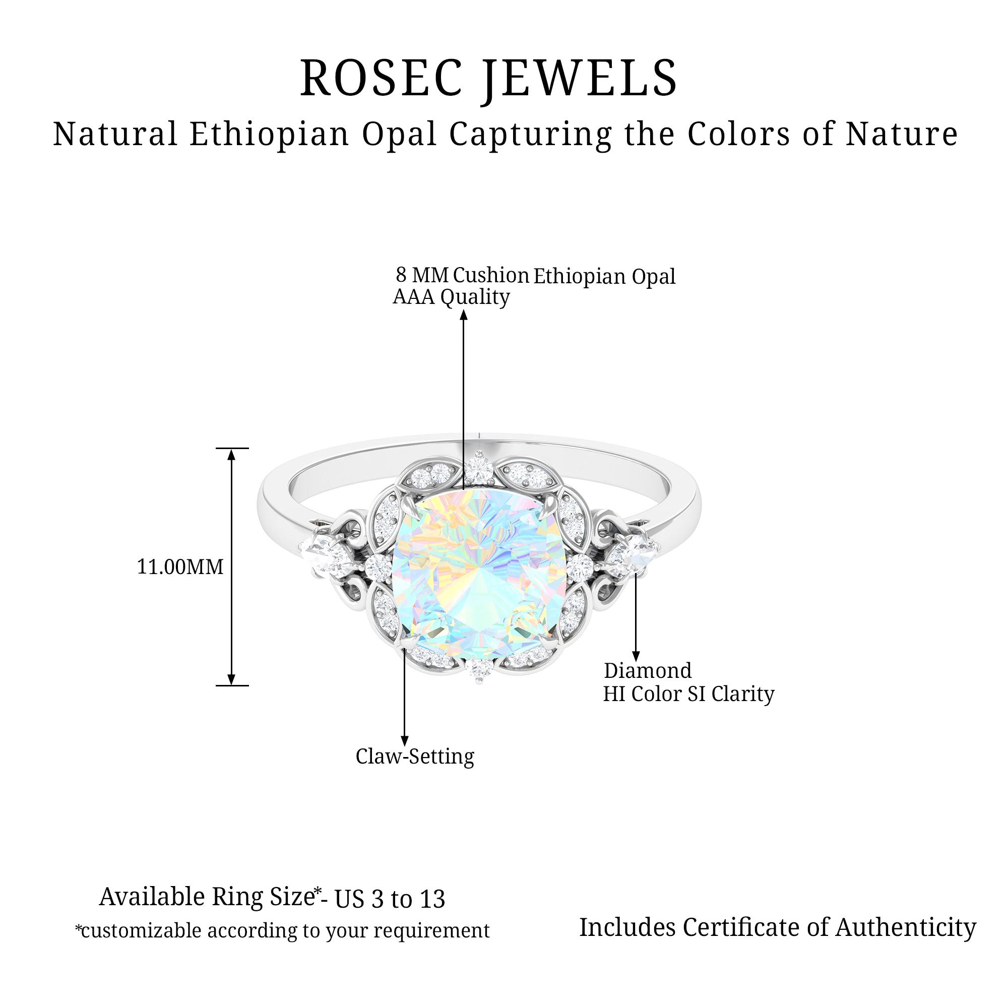 Cushion Cut Ethiopian Opal Cocktail Engagement Ring with Diamond Accent Ethiopian Opal - ( AAA ) - Quality - Rosec Jewels