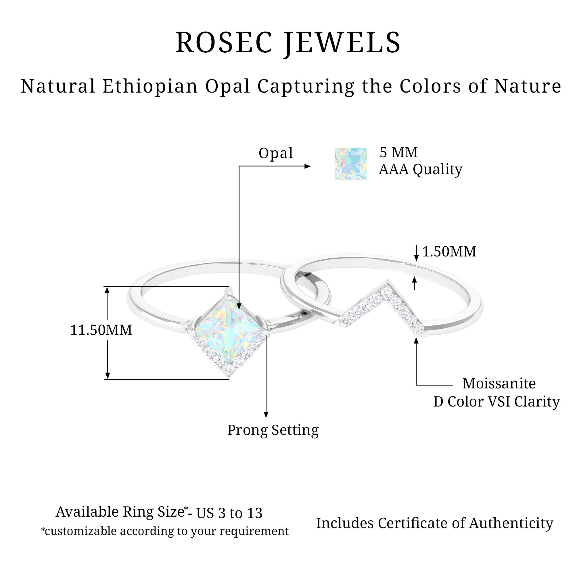 1 CT Minimal Princess Cut Ethiopian Opal and Moissanite Engagement Enhancer Ring Set Ethiopian Opal - ( AAA ) - Quality - Rosec Jewels