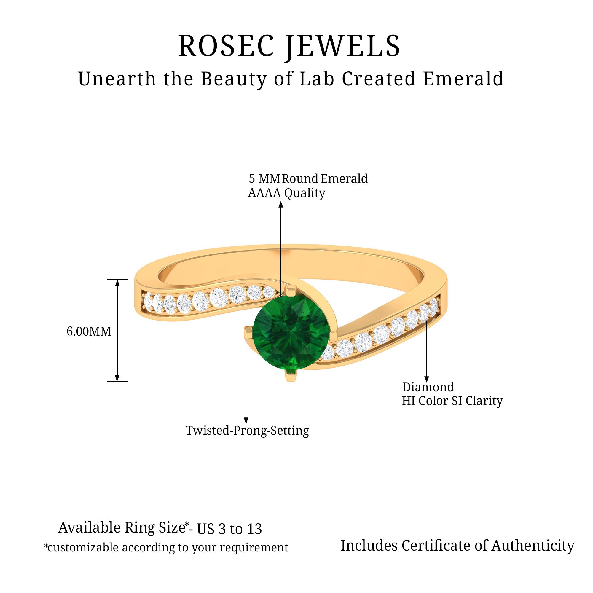 Lab Grown Emerald Solitaire Bypass Ring with Diamond Lab Created Emerald - ( AAAA ) - Quality - Rosec Jewels