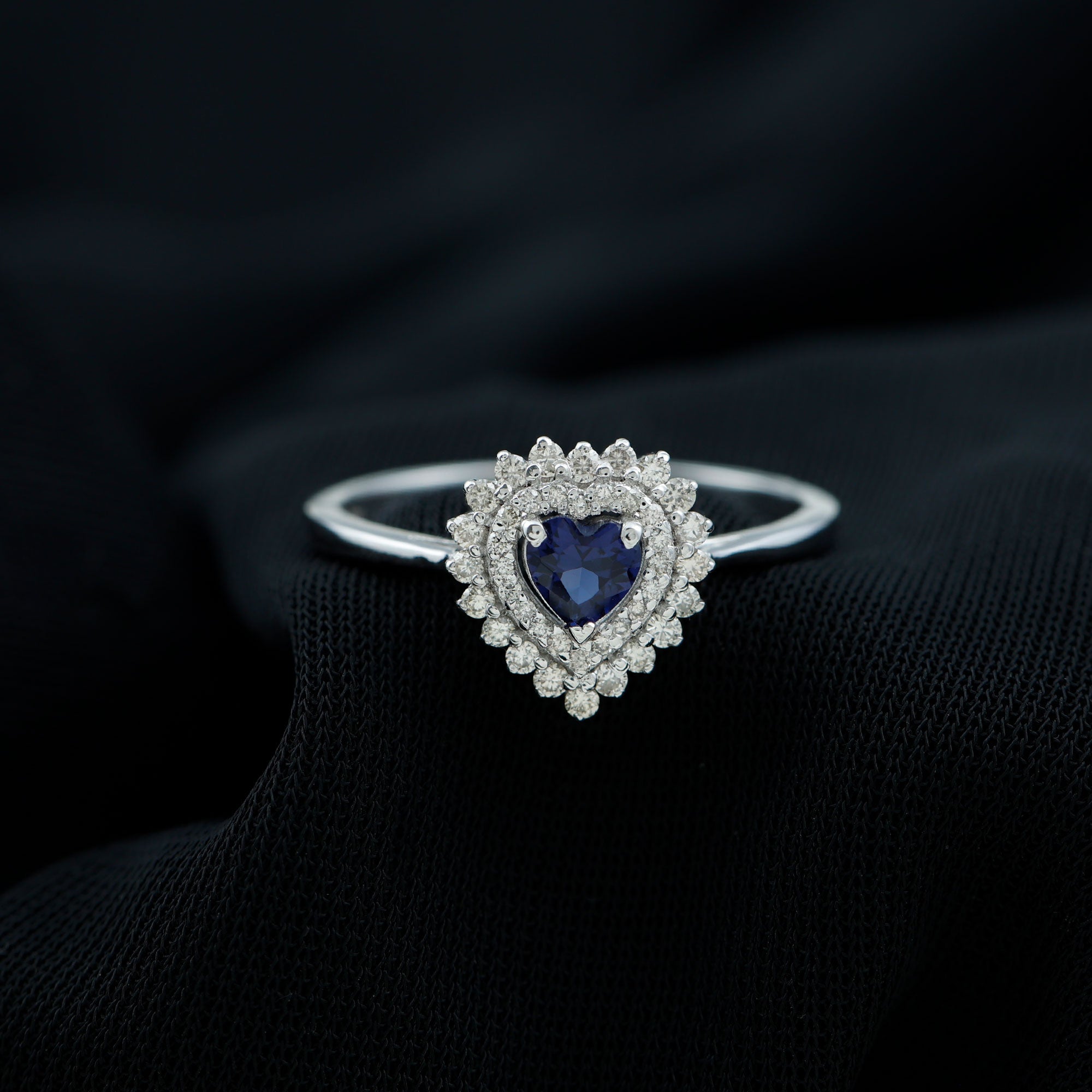 Created Blue Sapphire Heart Engagement Ring with Diamond Double Halo Lab Created Blue Sapphire - ( AAAA ) - Quality - Rosec Jewels