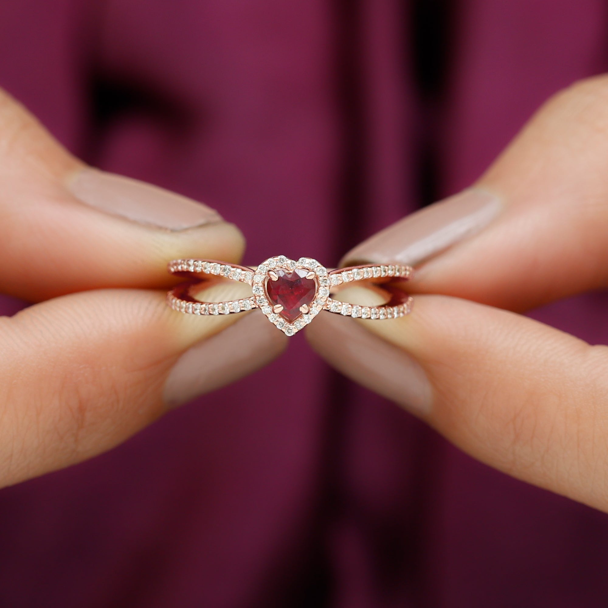 Heart Ruby Split Shank Engagement Ring with Diamond Accent Ruby - ( AAA ) - Quality - Rosec Jewels