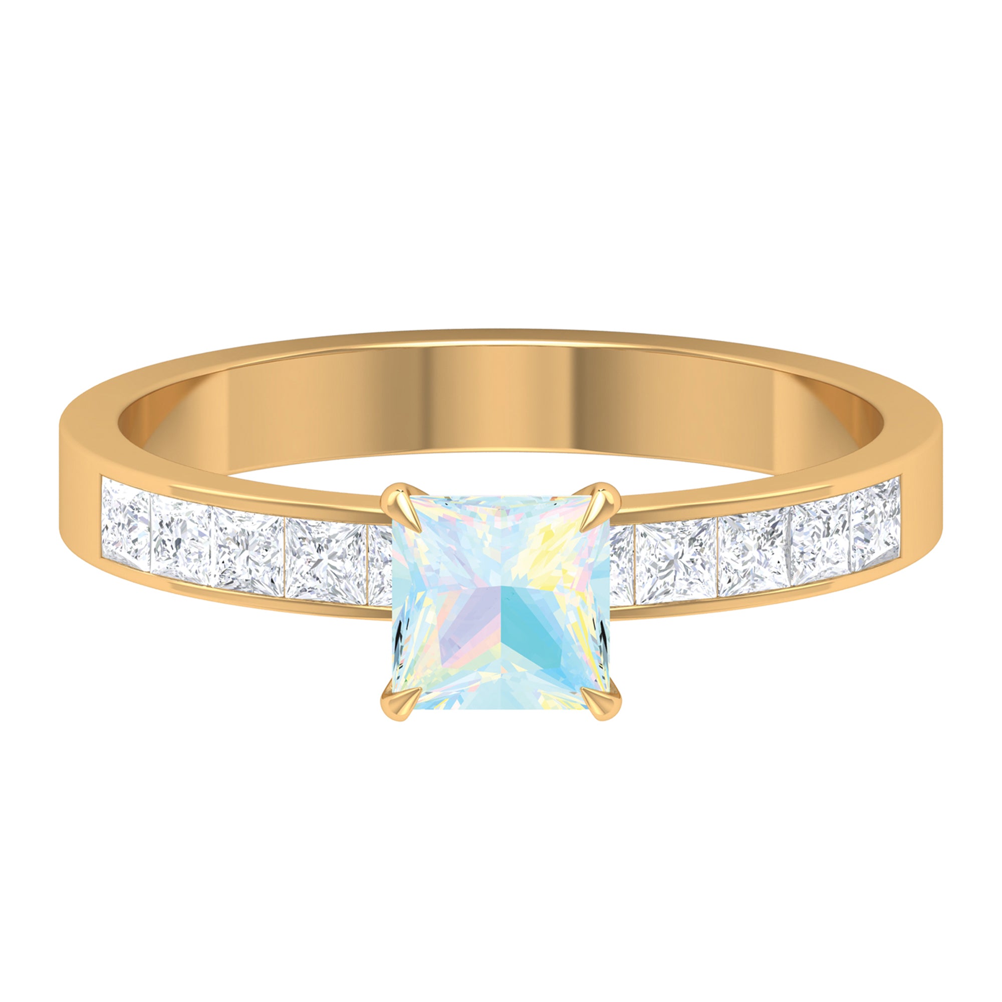 Princess Cut Ethiopian Opal Solitaire Ring with Diamond Side Stones Ethiopian Opal - ( AAA ) - Quality - Rosec Jewels