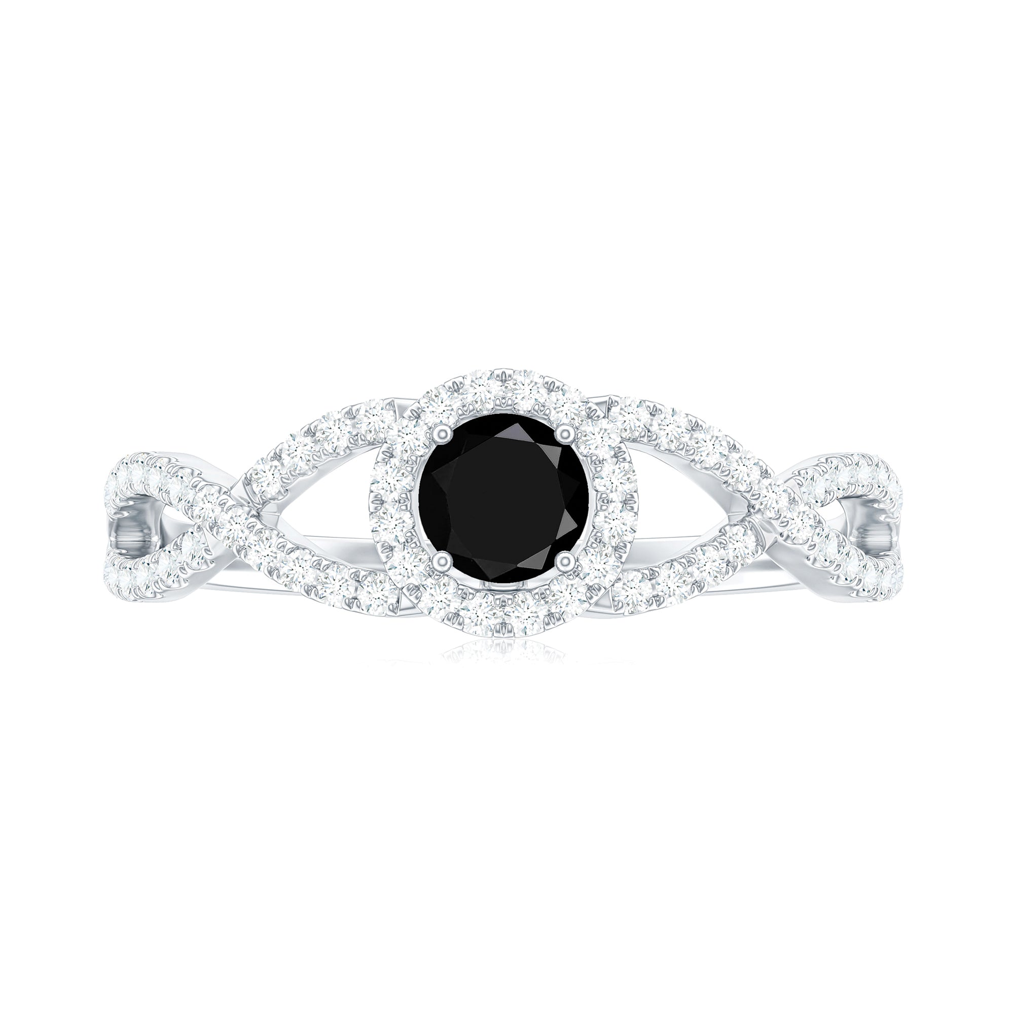 Criss Cross Shank Black Onyx and Diamond Halo Engagement Ring Black Onyx - ( AAA ) - Quality - Rosec Jewels