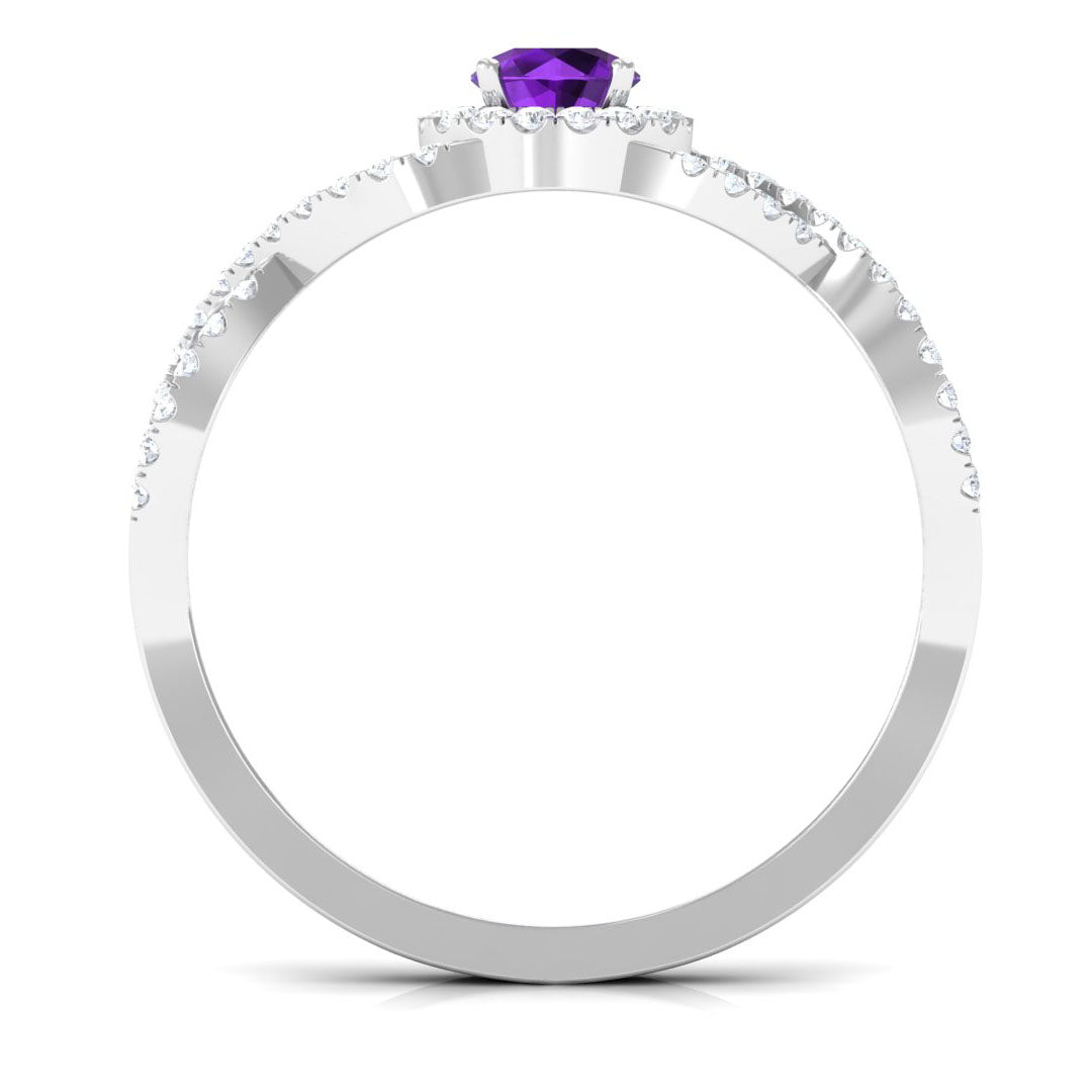 Round Amethyst and Diamond Criss Cross Engagement Ring Amethyst - ( AAA ) - Quality - Rosec Jewels