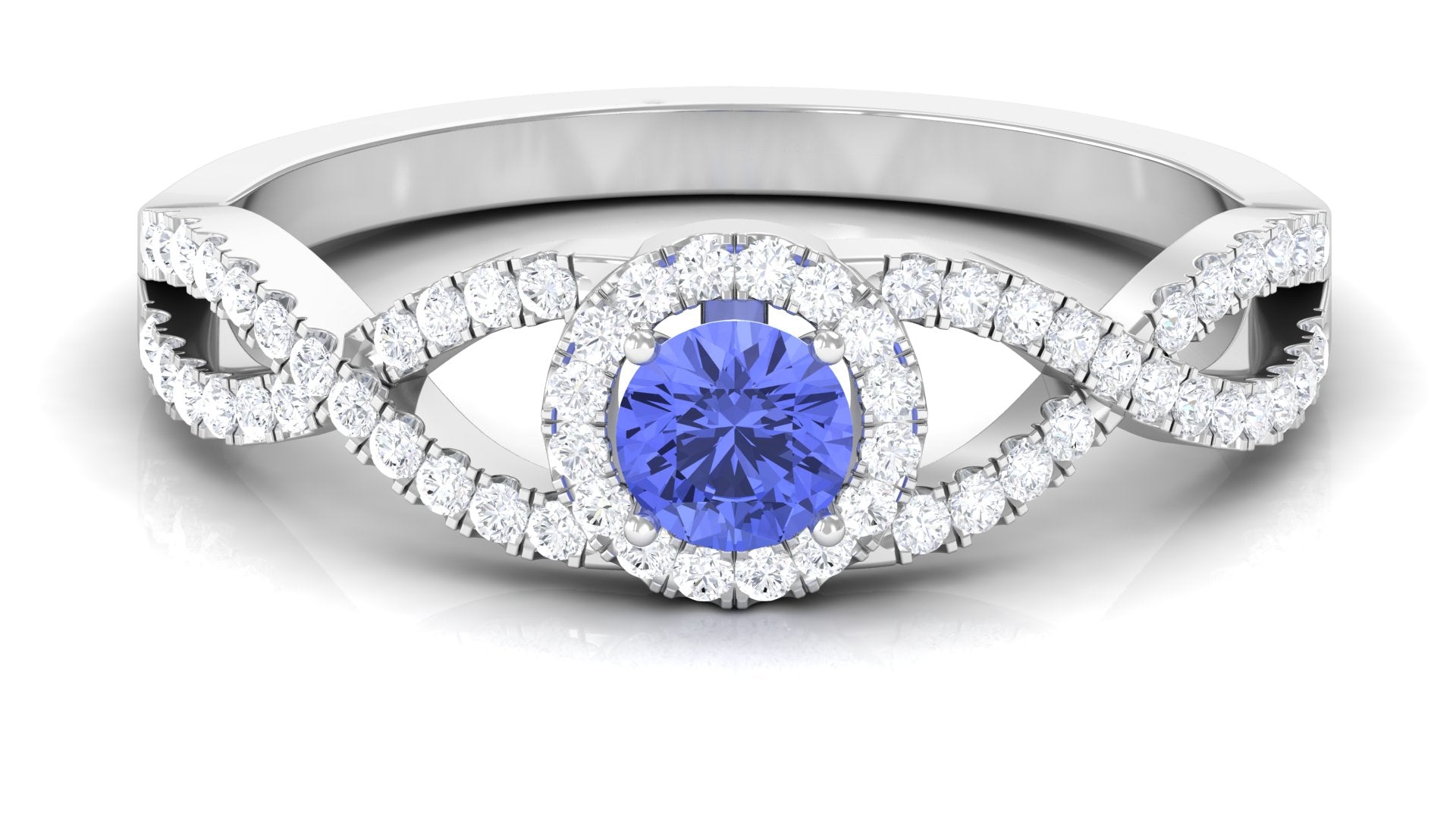 Round Tanzanite Crisscross Engagement Ring with Diamond Halo Tanzanite - ( AAA ) - Quality - Rosec Jewels