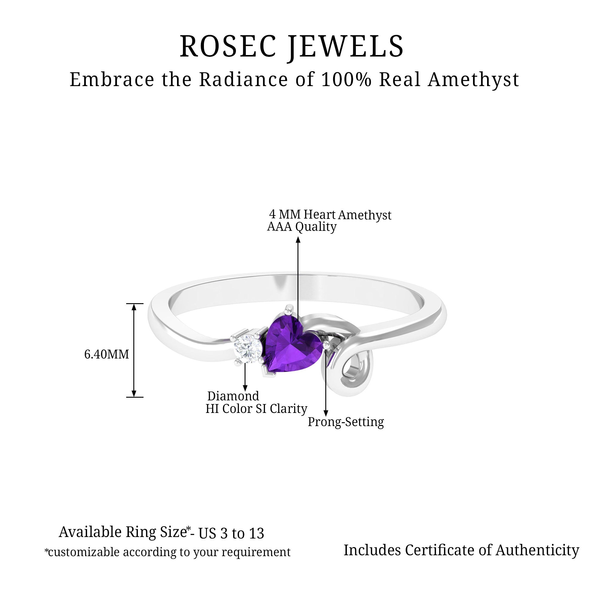 Heart Shape Real Amethyst and Diamond Twisted Promise Ring Amethyst - ( AAA ) - Quality - Rosec Jewels