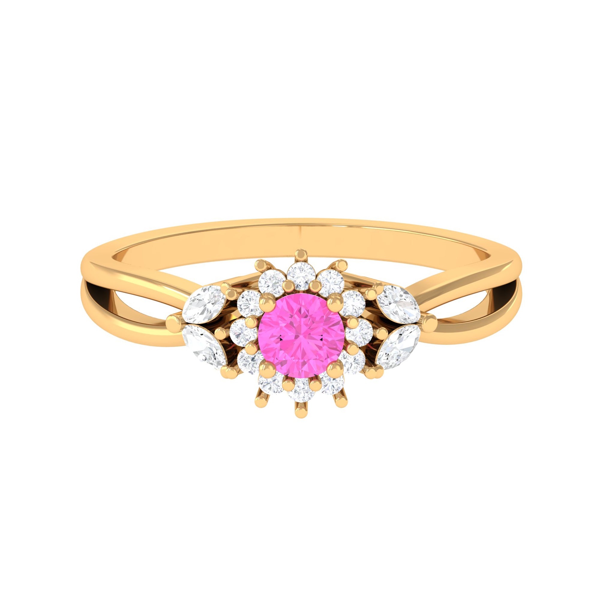 Pink Sapphire and Diamond Flower Engagement Ring with Split Shank Pink Sapphire - ( AAA ) - Quality - Rosec Jewels