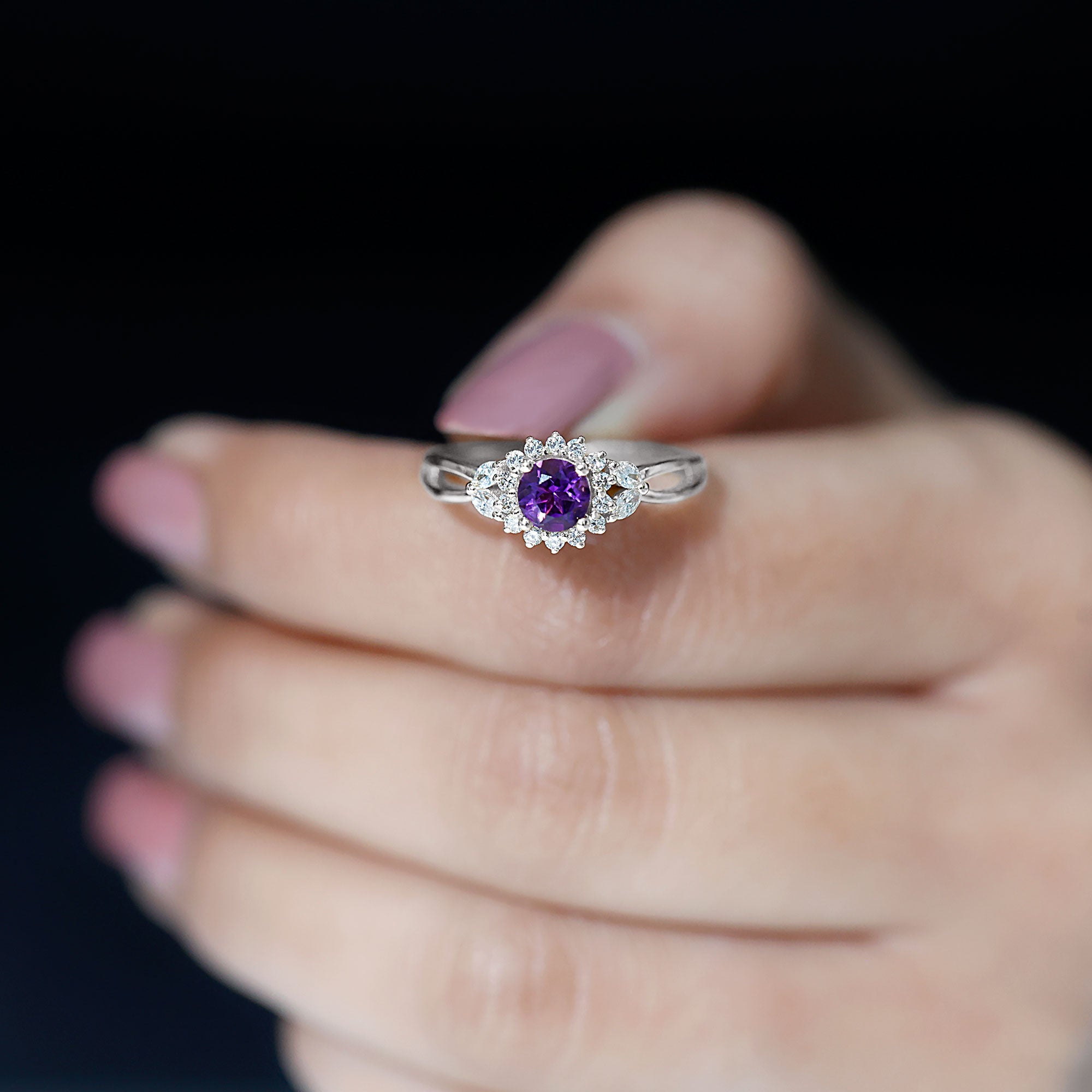 Split Shank Amethyst Flower Engagement Ring with Diamond Amethyst - ( AAA ) - Quality - Rosec Jewels