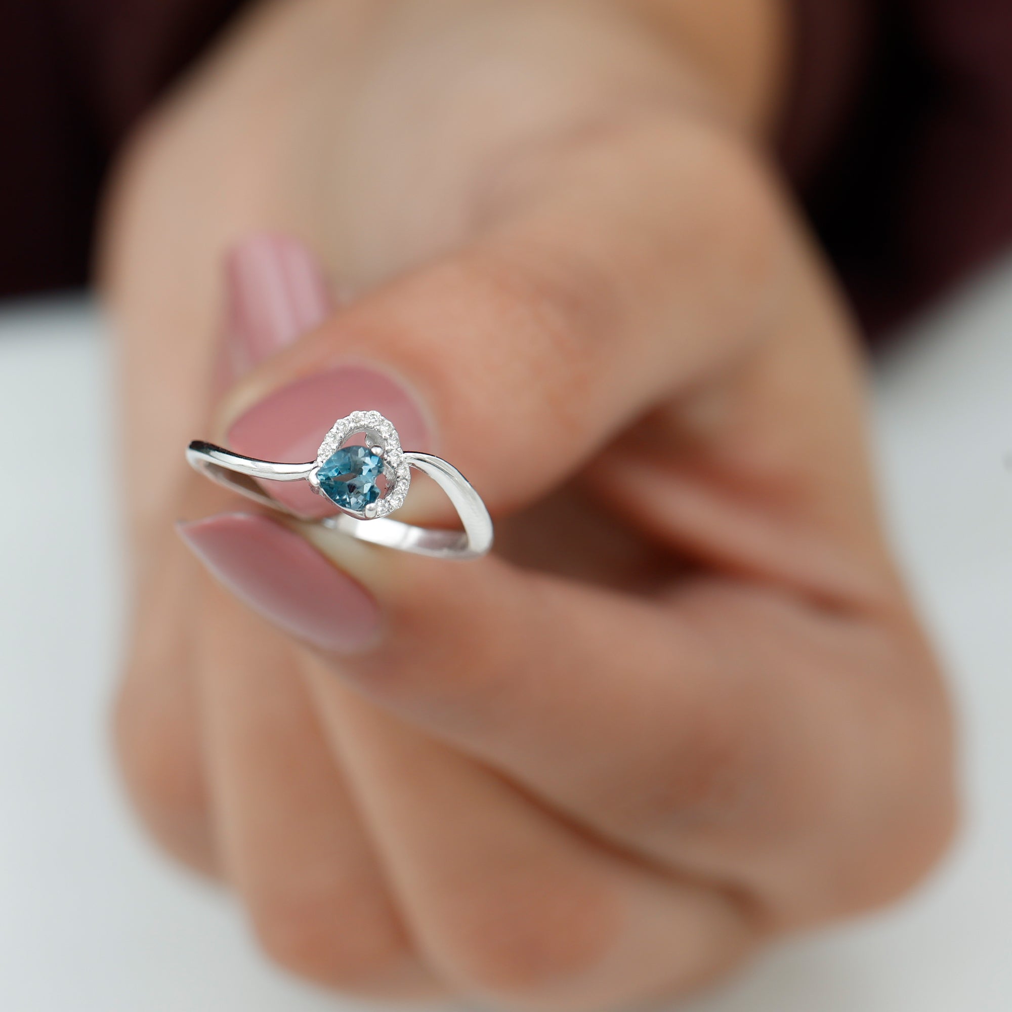 1/4 CT London Blue Topaz Heart Promise Ring with Diamond London Blue Topaz - ( AAA ) - Quality - Rosec Jewels