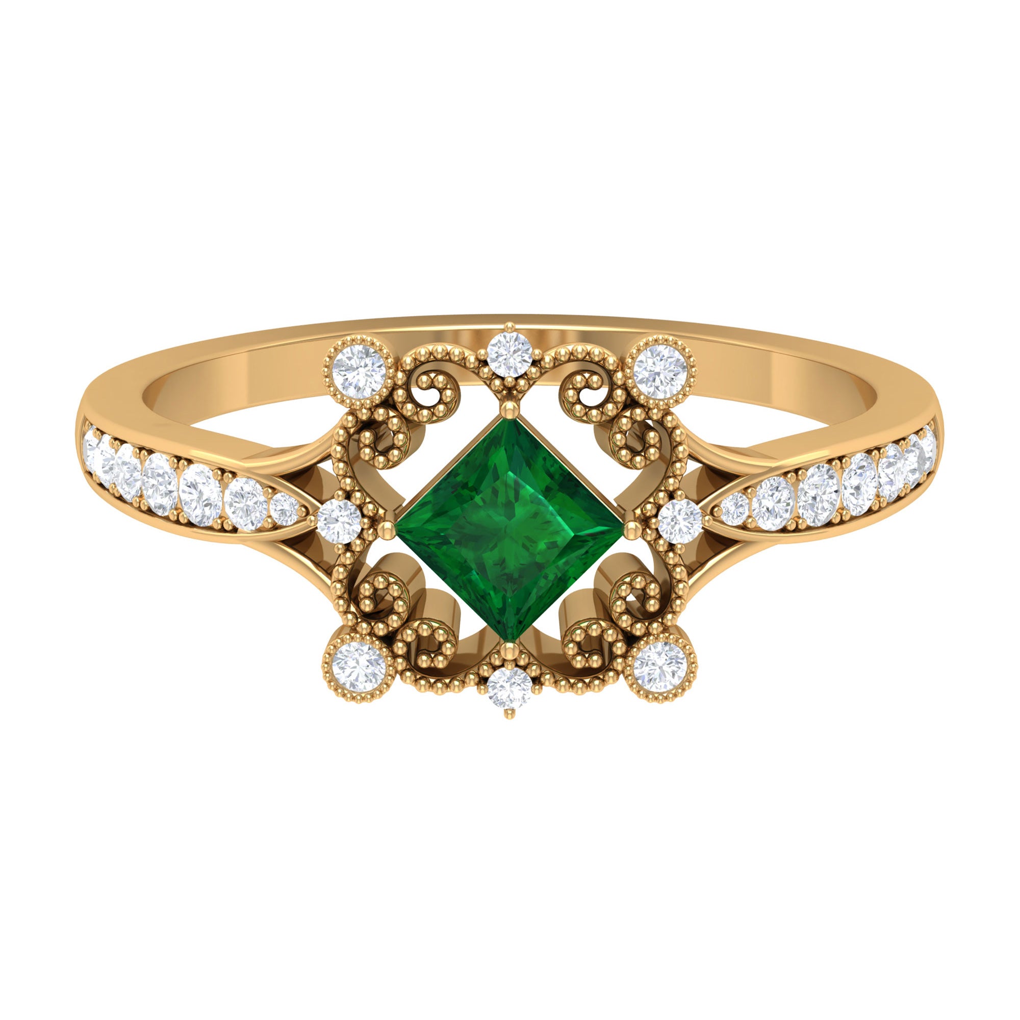 Antique Style Emerald and Diamond Engagement Ring with Beaded Detailing Emerald - ( AAA ) - Quality - Rosec Jewels