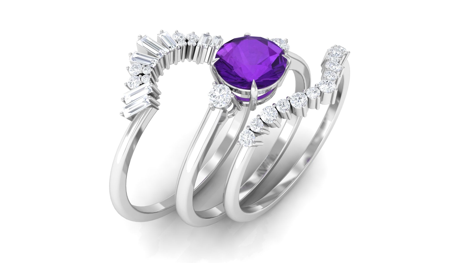 Real Amethyst Designer Trio Wedding Ring Set with Diamond Amethyst - ( AAA ) - Quality - Rosec Jewels