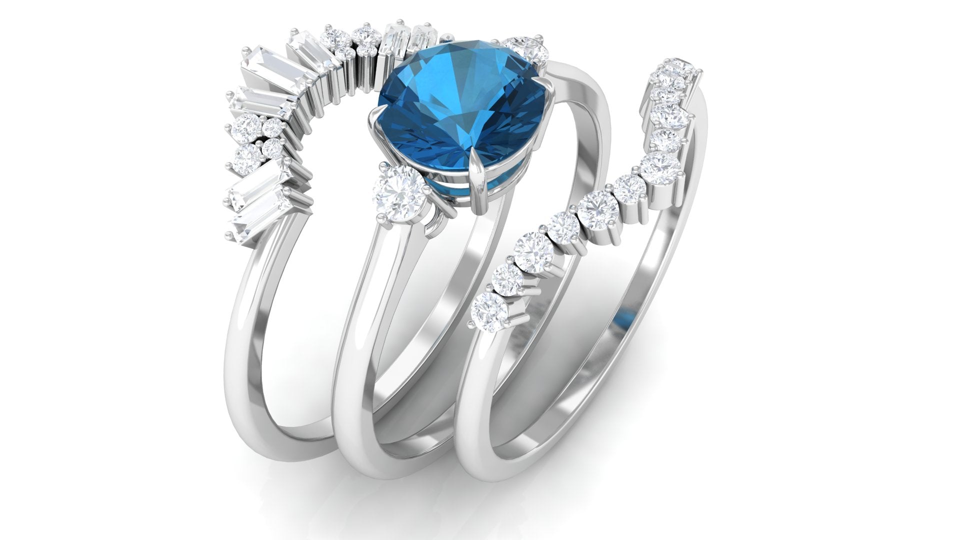 Round London Blue Topaz Designer Trio Wedding Ring Set with Diamond London Blue Topaz - ( AAA ) - Quality - Rosec Jewels