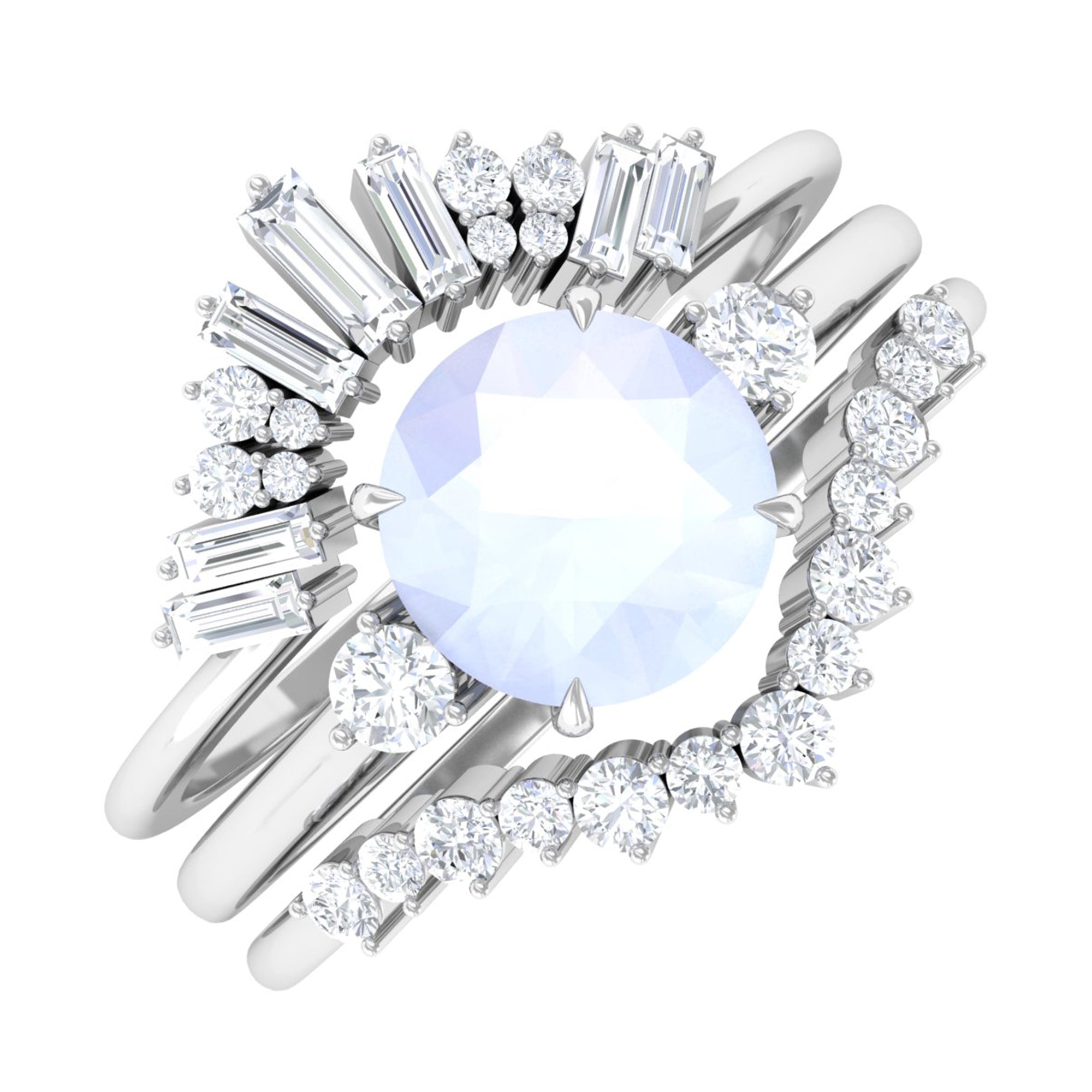 Round Moonstone Designer Trio Wedding Ring Set with Diamond Moonstone - ( AAA ) - Quality - Rosec Jewels