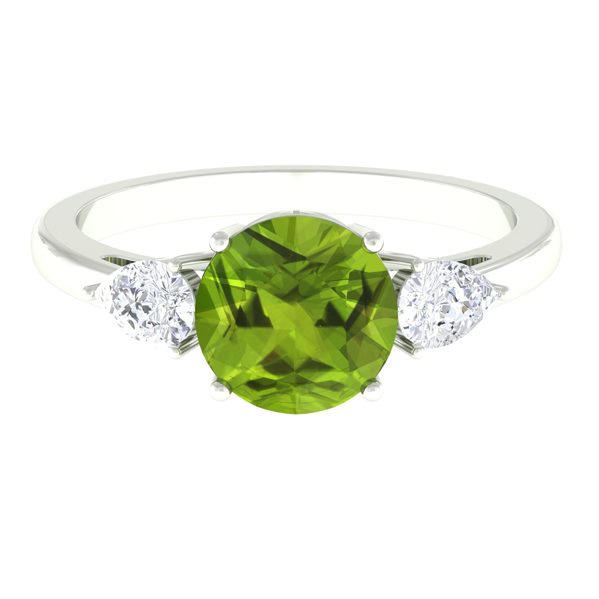 Round Cut Peridot Engagement Ring with Pear Cut Moissanite Side Stones Peridot - ( AAA ) - Quality - Rosec Jewels