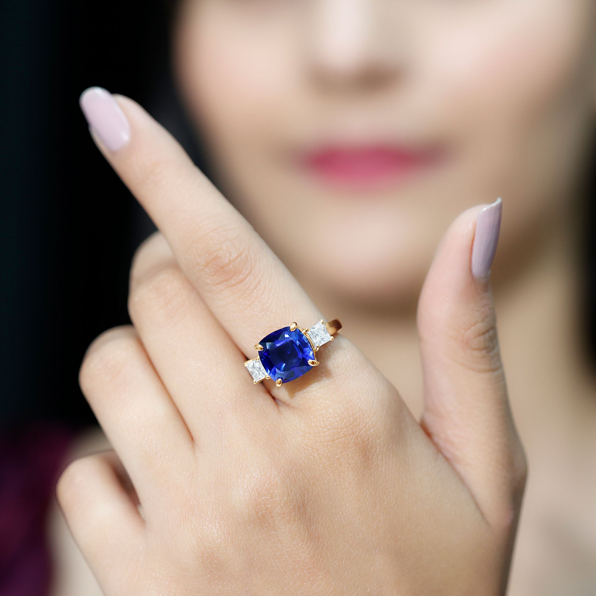 Rosec Jewels-Cushion Cut Created Blue Sapphire Solitaire Ring