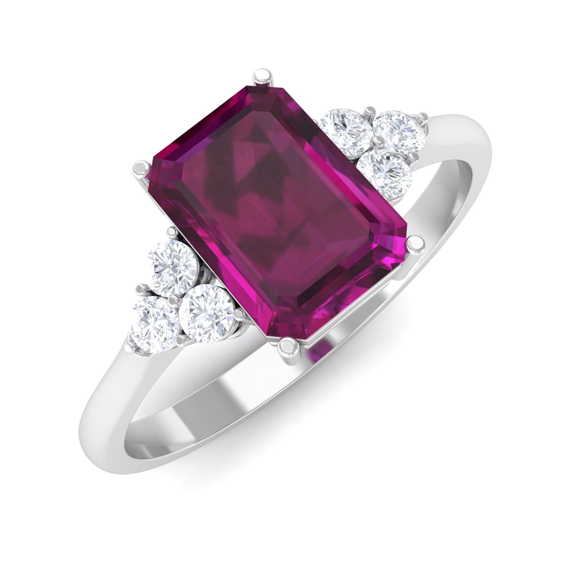 Emerald Cut Rhodolite Solitaire Engagement Ring with Diamond Trio Rhodolite - ( AAA ) - Quality - Rosec Jewels