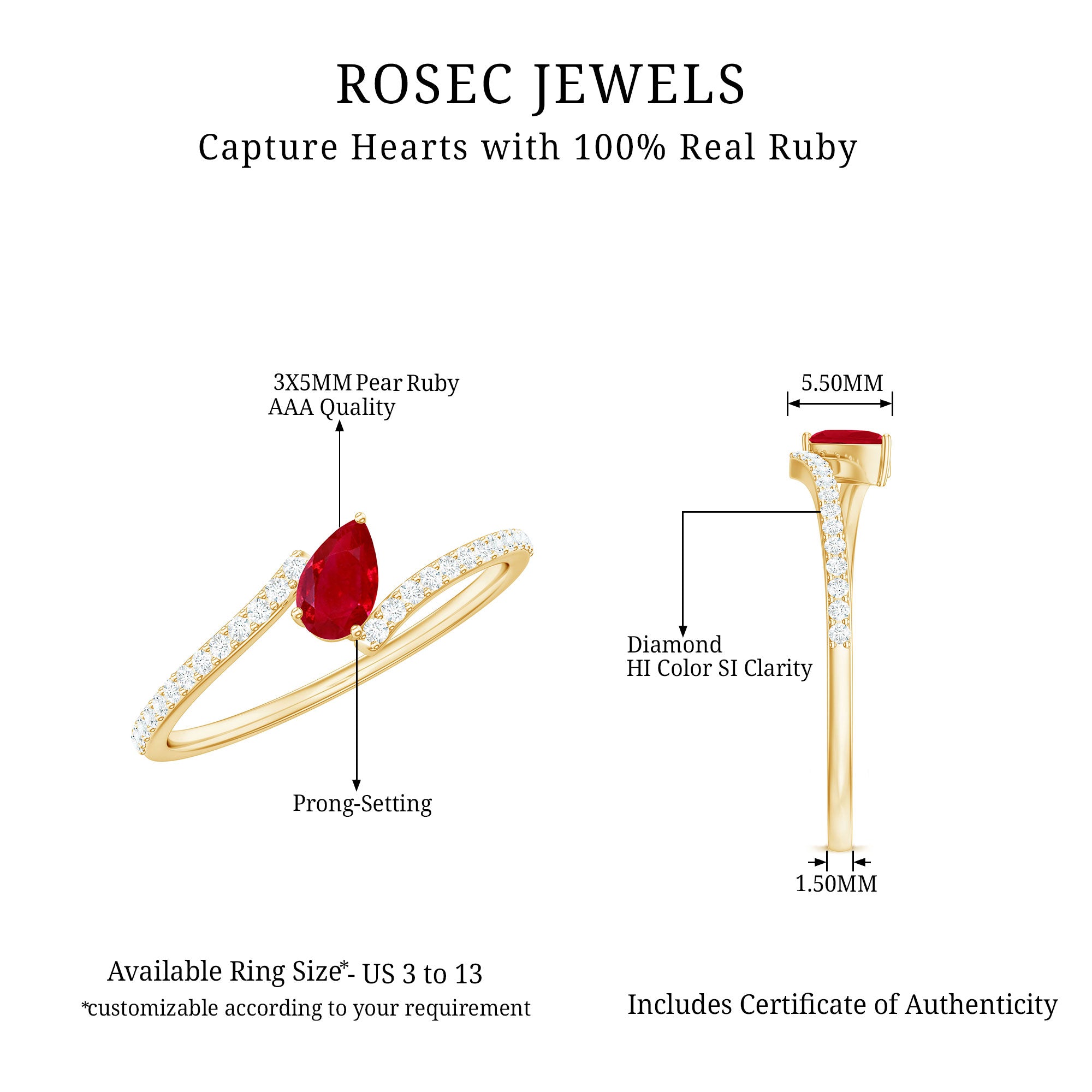 Tilted Pear Shape Ruby and Diamond Bypass Promise Ring Ruby - ( AAA ) - Quality - Rosec Jewels