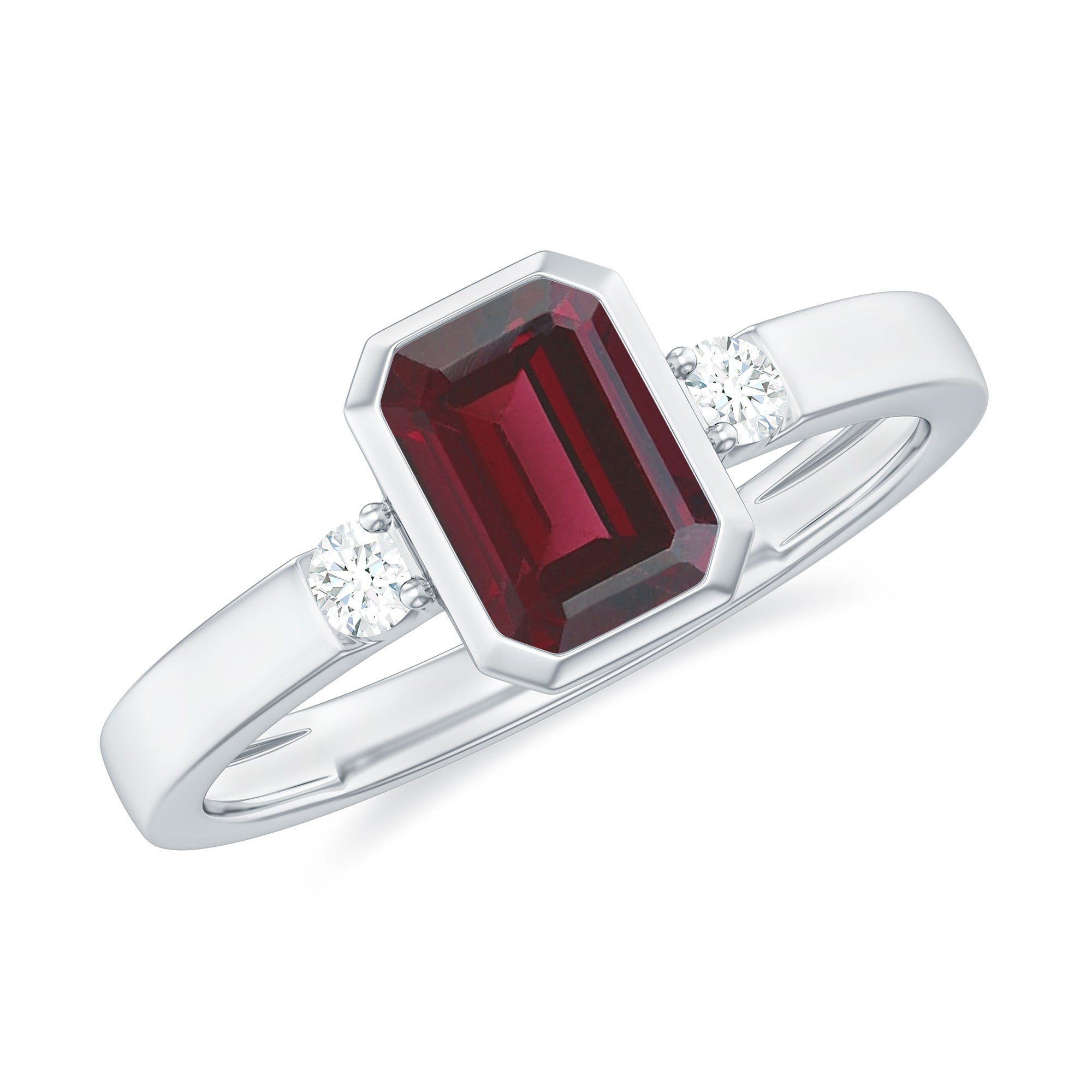 2.25 CT Emerald Cut Rhodolite Solitaire Engagement Ring with Diamond Accent Rhodolite - ( AAA ) - Quality - Rosec Jewels