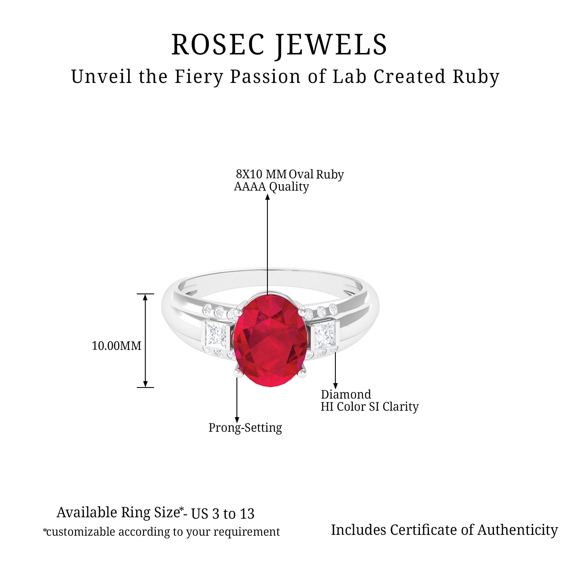 Oval Lab Grown Ruby Solitaire Statement Engagement Ring with Diamond Lab Created Ruby - ( AAAA ) - Quality - Rosec Jewels