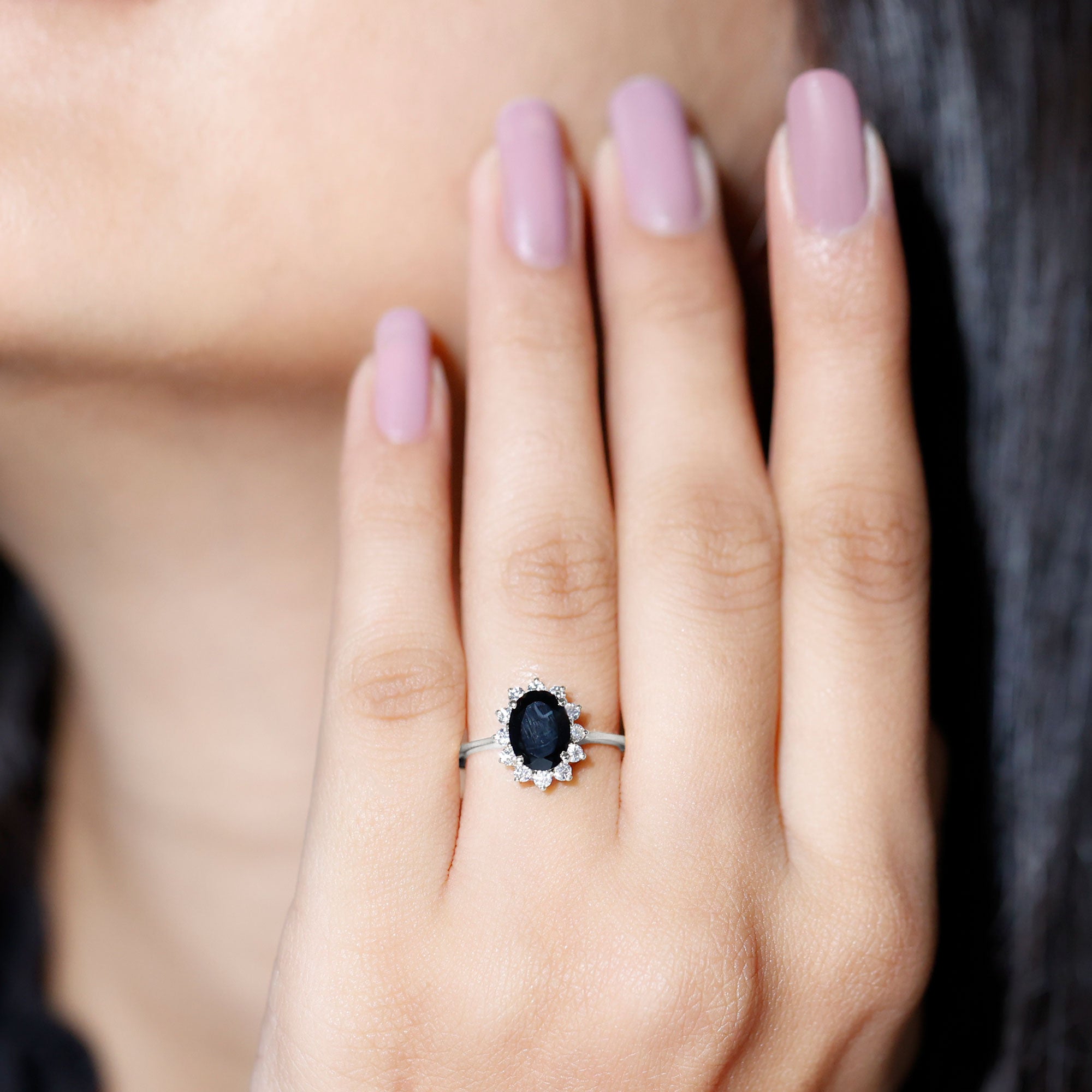 1.5 CT Princess Diana Inspired Oval Black Onyx Engagement Ring Diamond Halo Black Onyx - ( AAA ) - Quality - Rosec Jewels