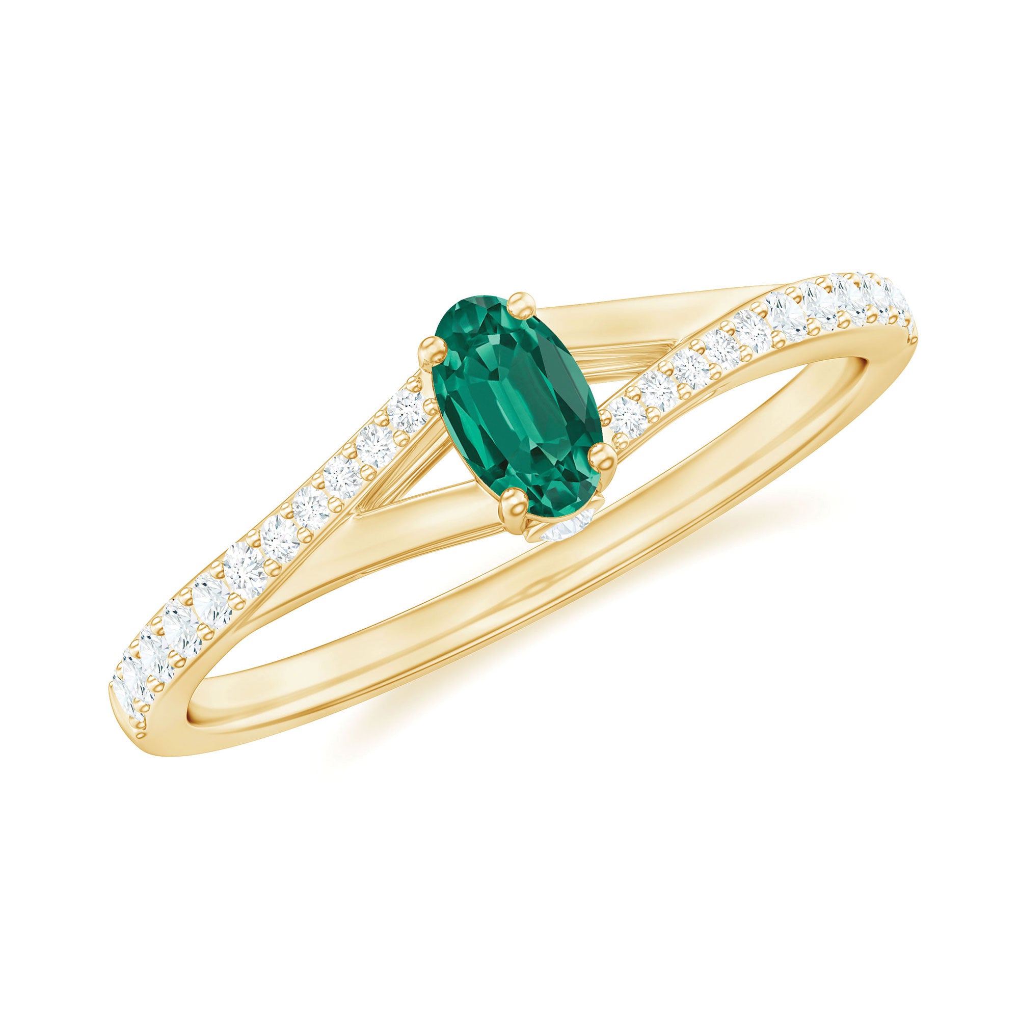 Oval Lab Grown Emerald Promise Ring with Diamond Split Shank Lab Created Emerald - ( AAAA ) - Quality - Rosec Jewels