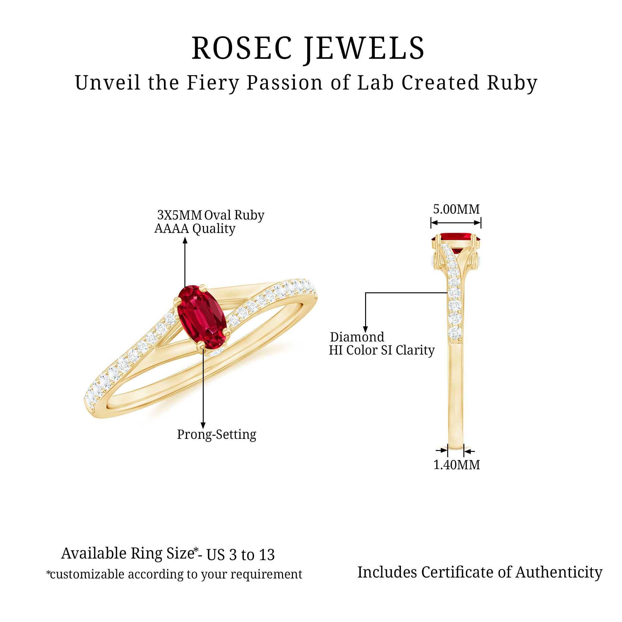 1/2 CT Split Shank Lab Grown Ruby Simple Solitaire Ring with Diamond Lab Created Ruby - ( AAAA ) - Quality - Rosec Jewels