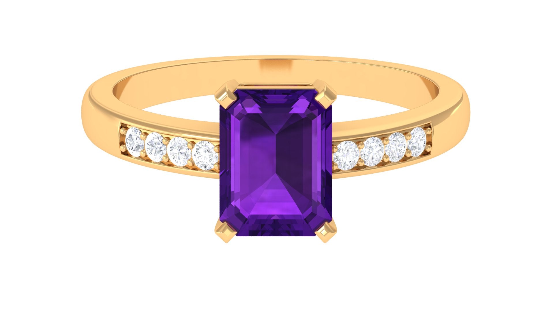 Octagon Cut Amethyst Solitaire Engagement Ring with Diamond Side Stones Amethyst - ( AAA ) - Quality - Rosec Jewels